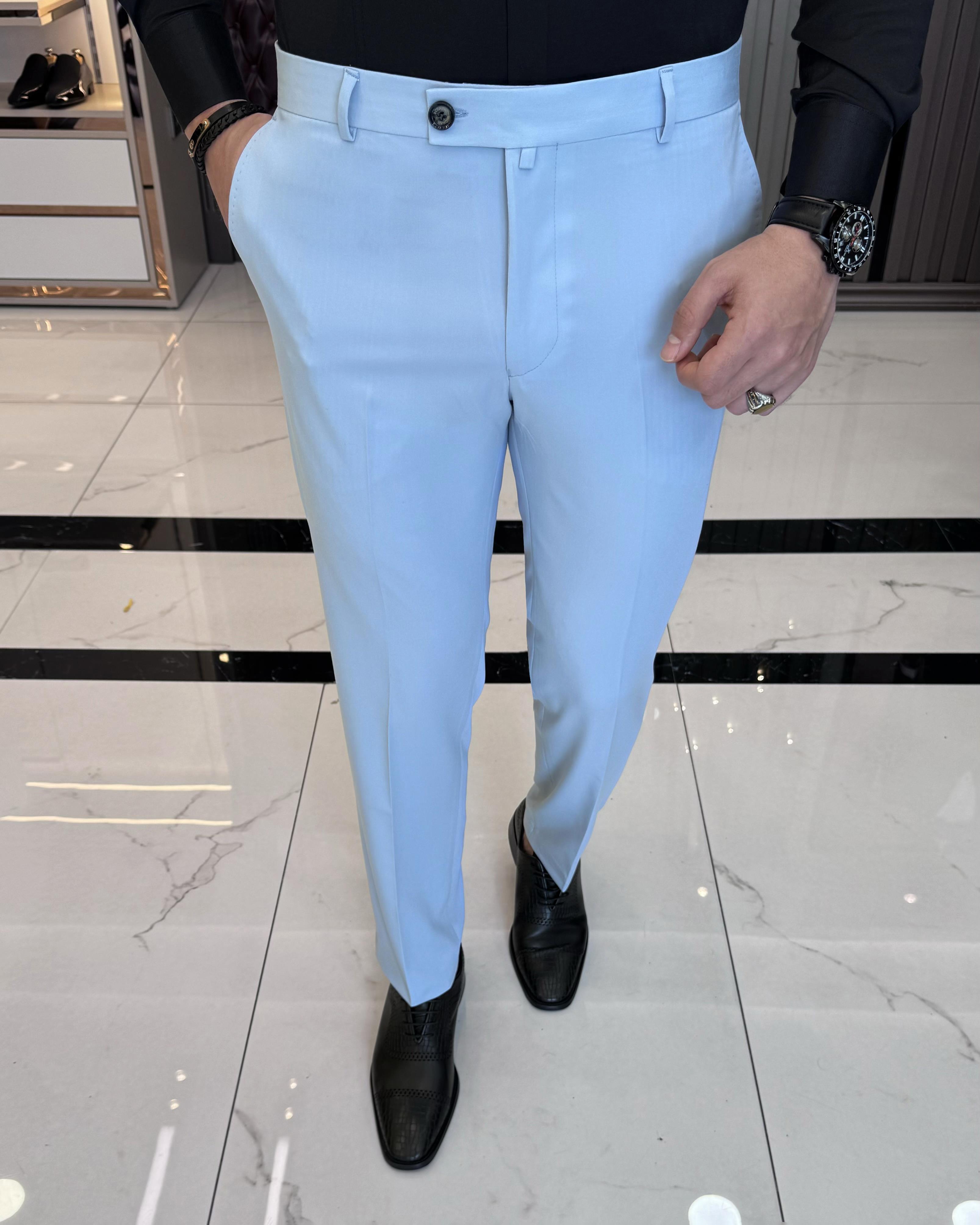 İtalyan stil slim fit erkek pantolon mavi T11626