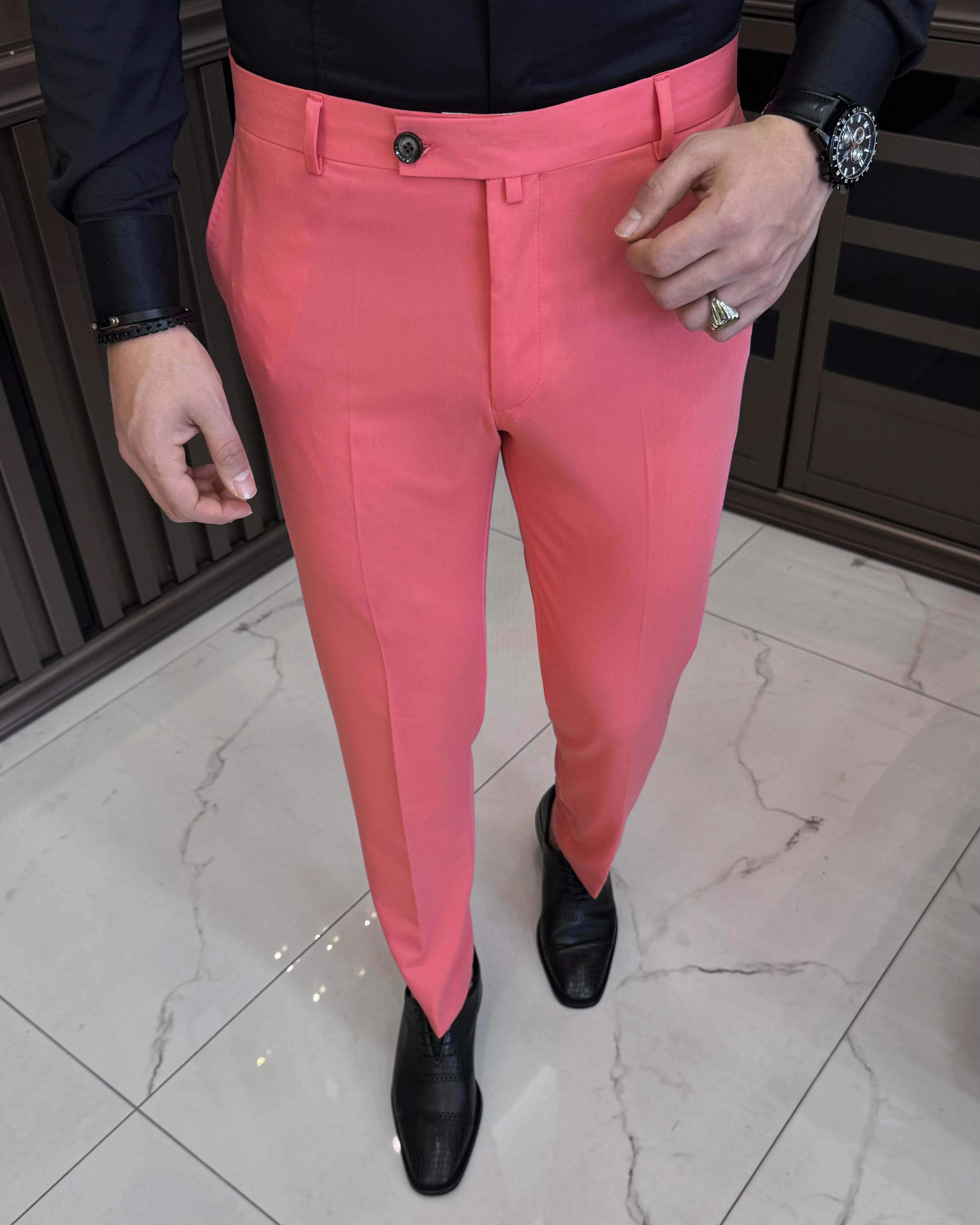 İtalyan stil slim fit erkek pantolon pembe T11624