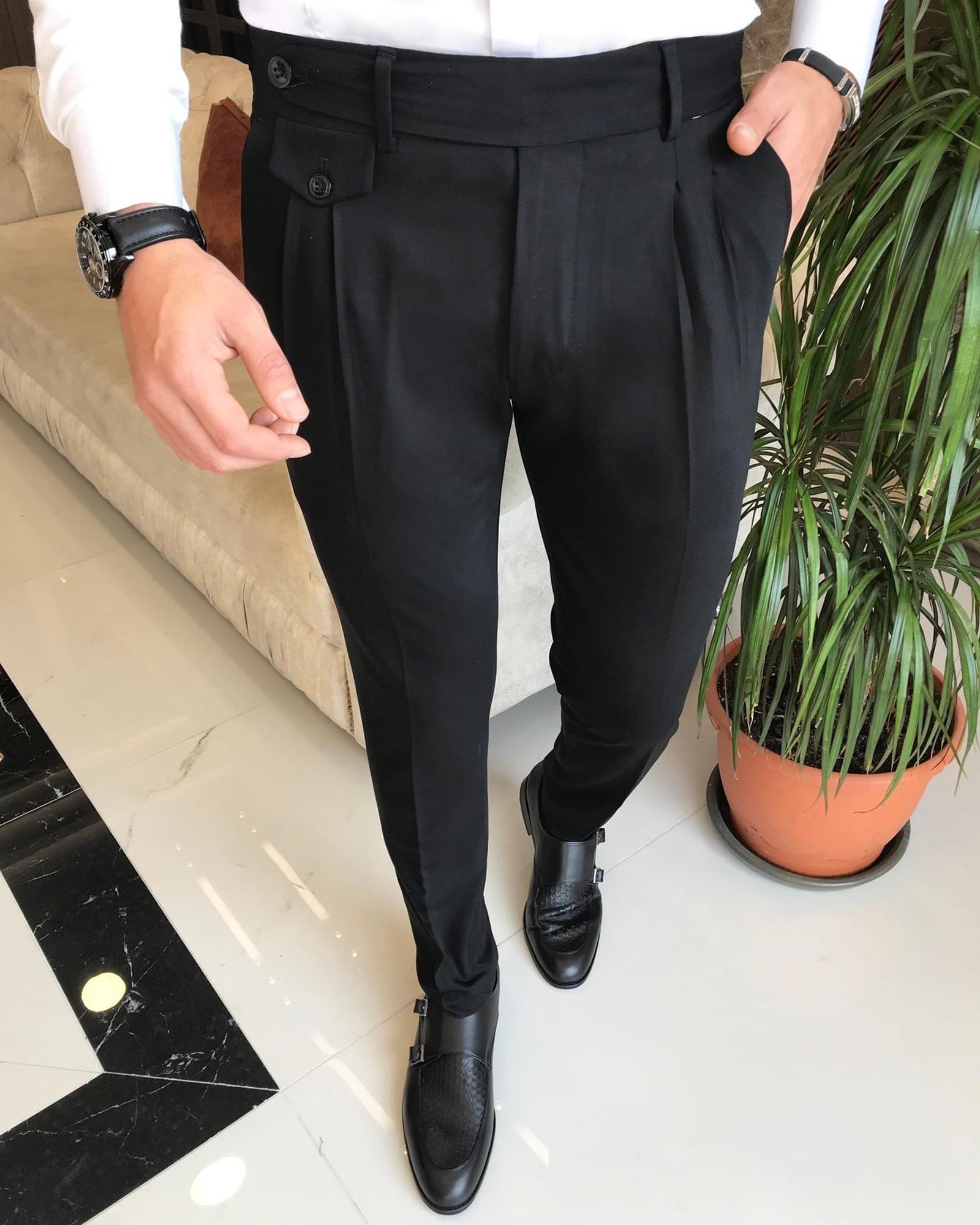 İtalyan stil slim fit erkek pileli kumaş pantolon Siyah T5287