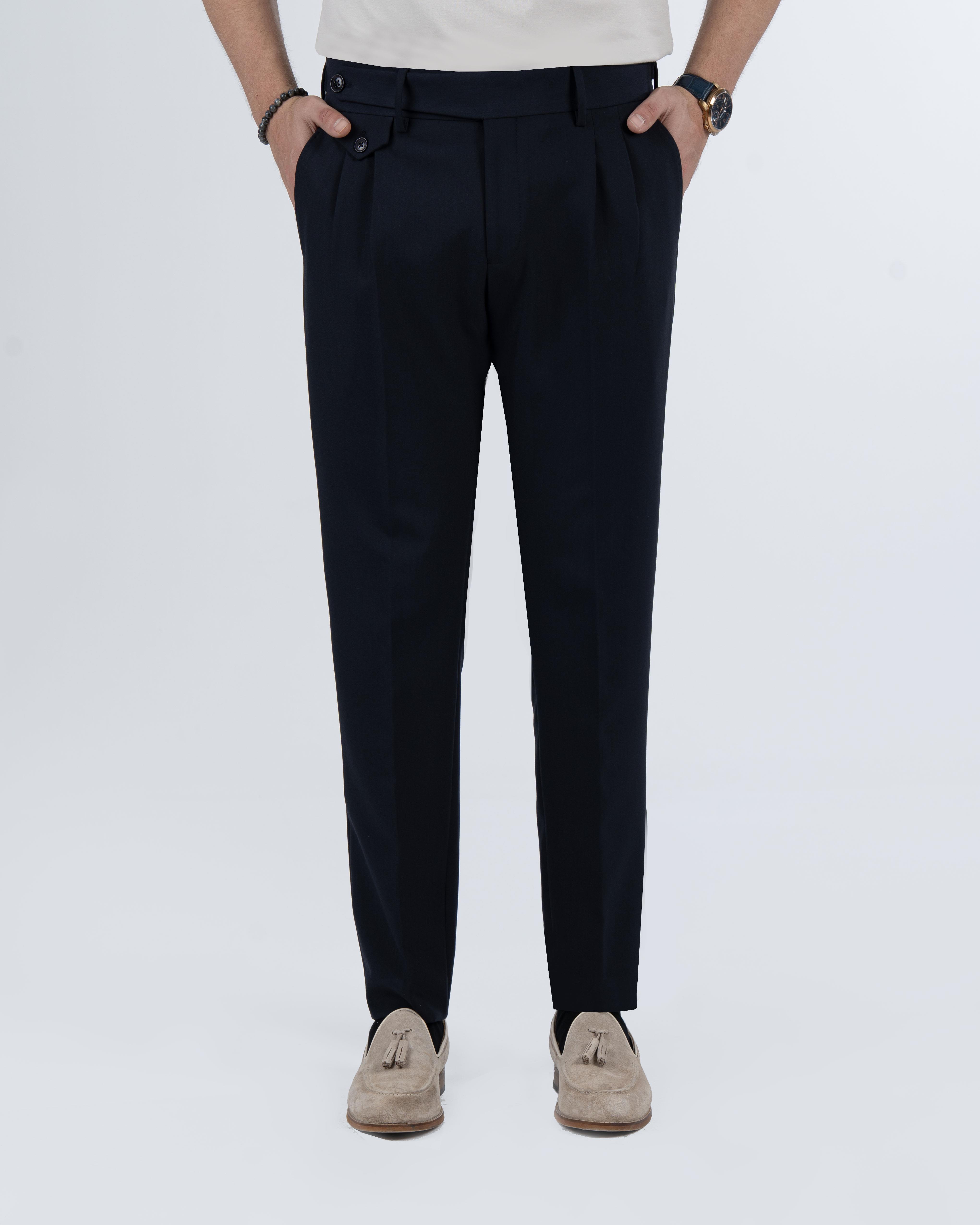 İtalyan stil slim fit erkek pileli kumaş pantolon Lacivert T5288