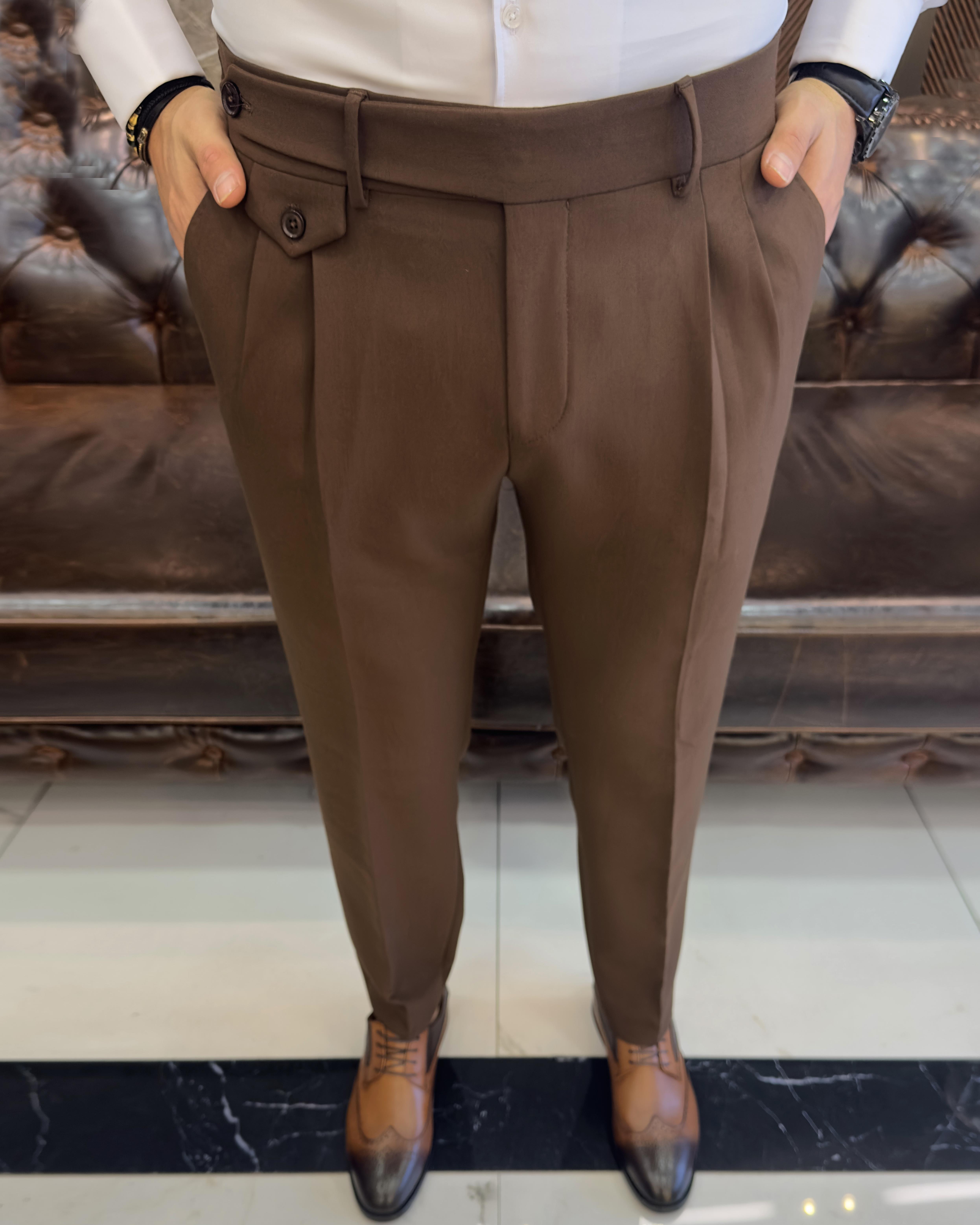 İtalyan stil slim fit erkek pileli kumaş pantolon Kahverengi T10798