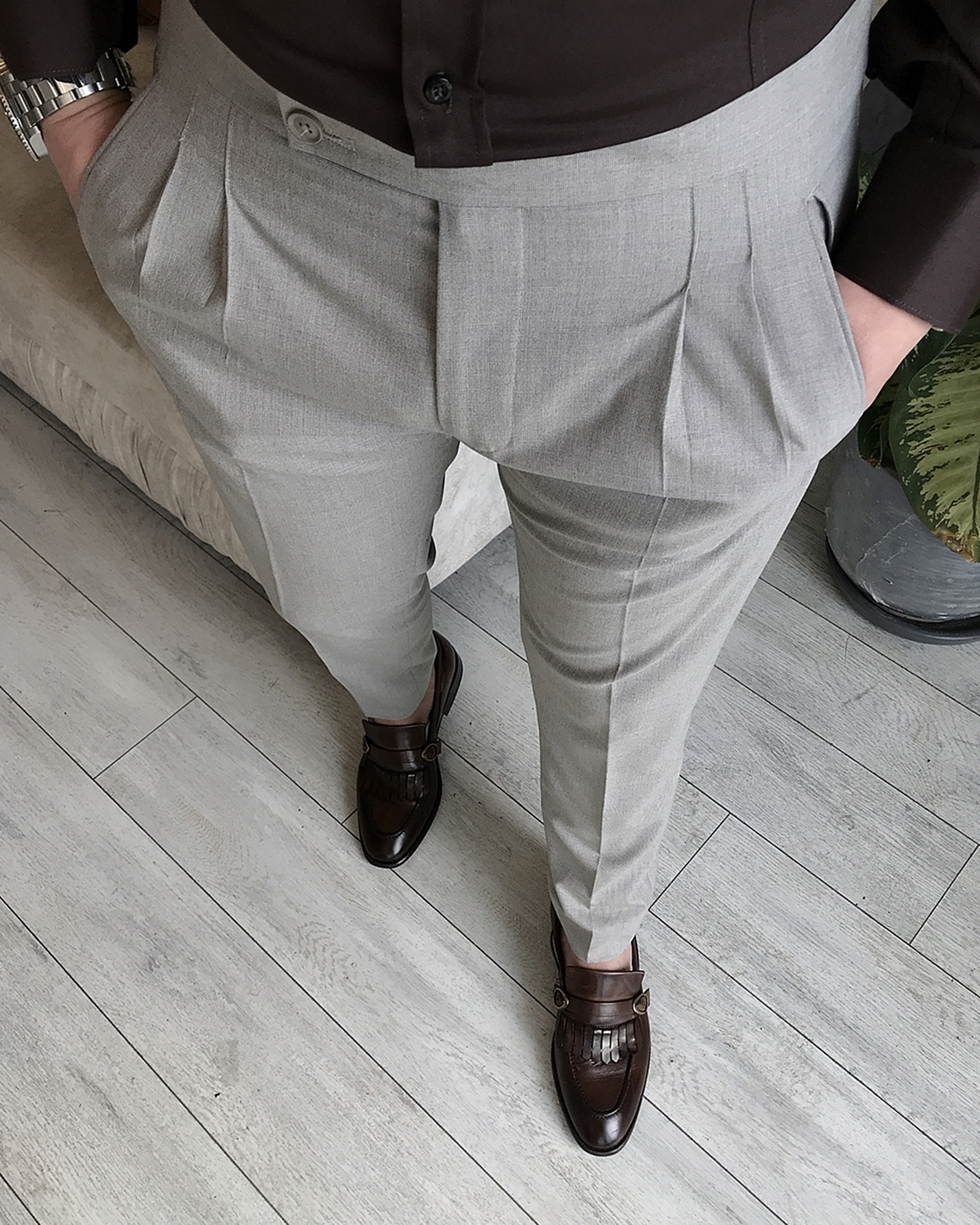 Italian Style Slim Fit Men's Salopete Fabric Pants Beige T5268