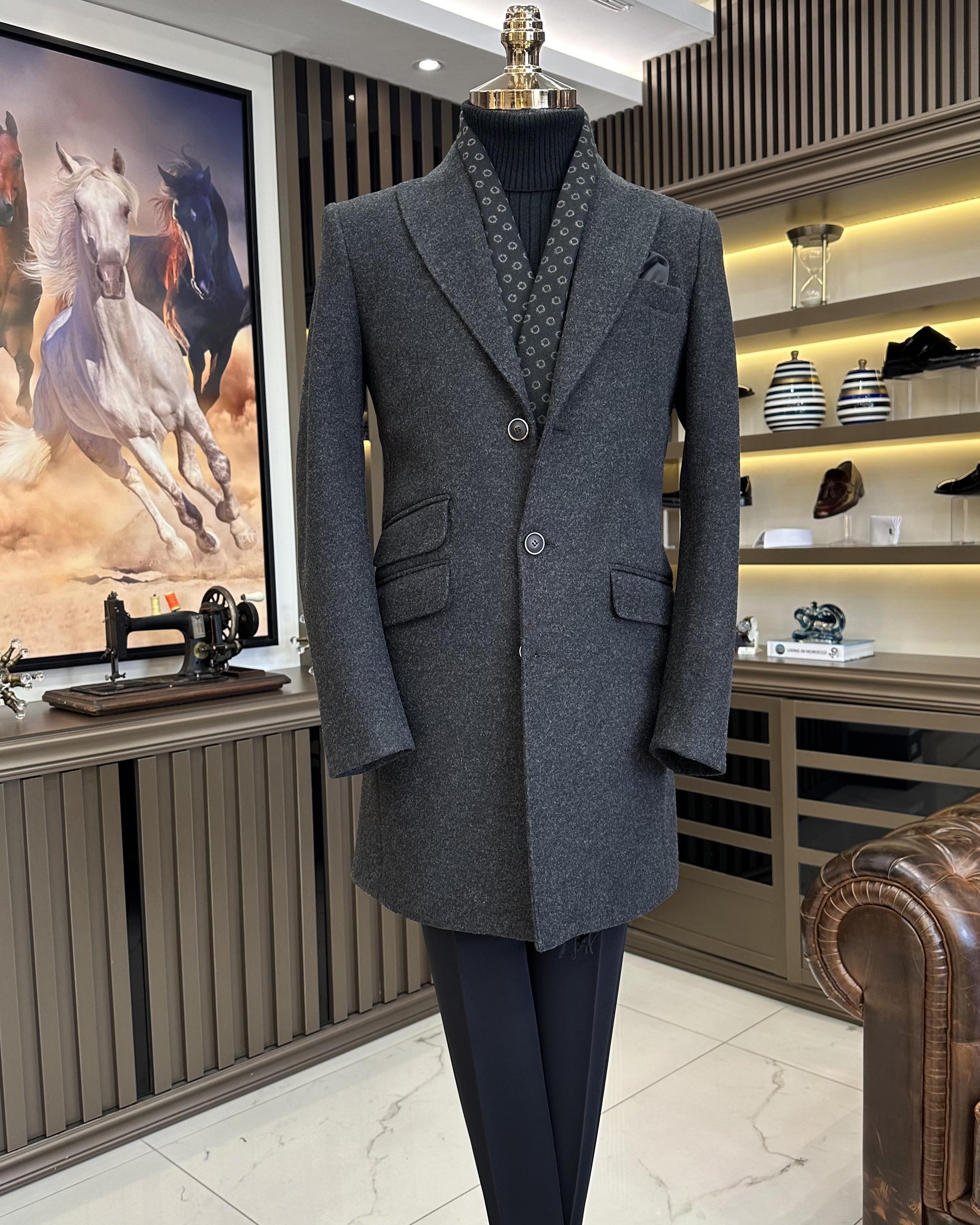 Italian style slim fit men's pointed collar wool blend coat anthracite T10856