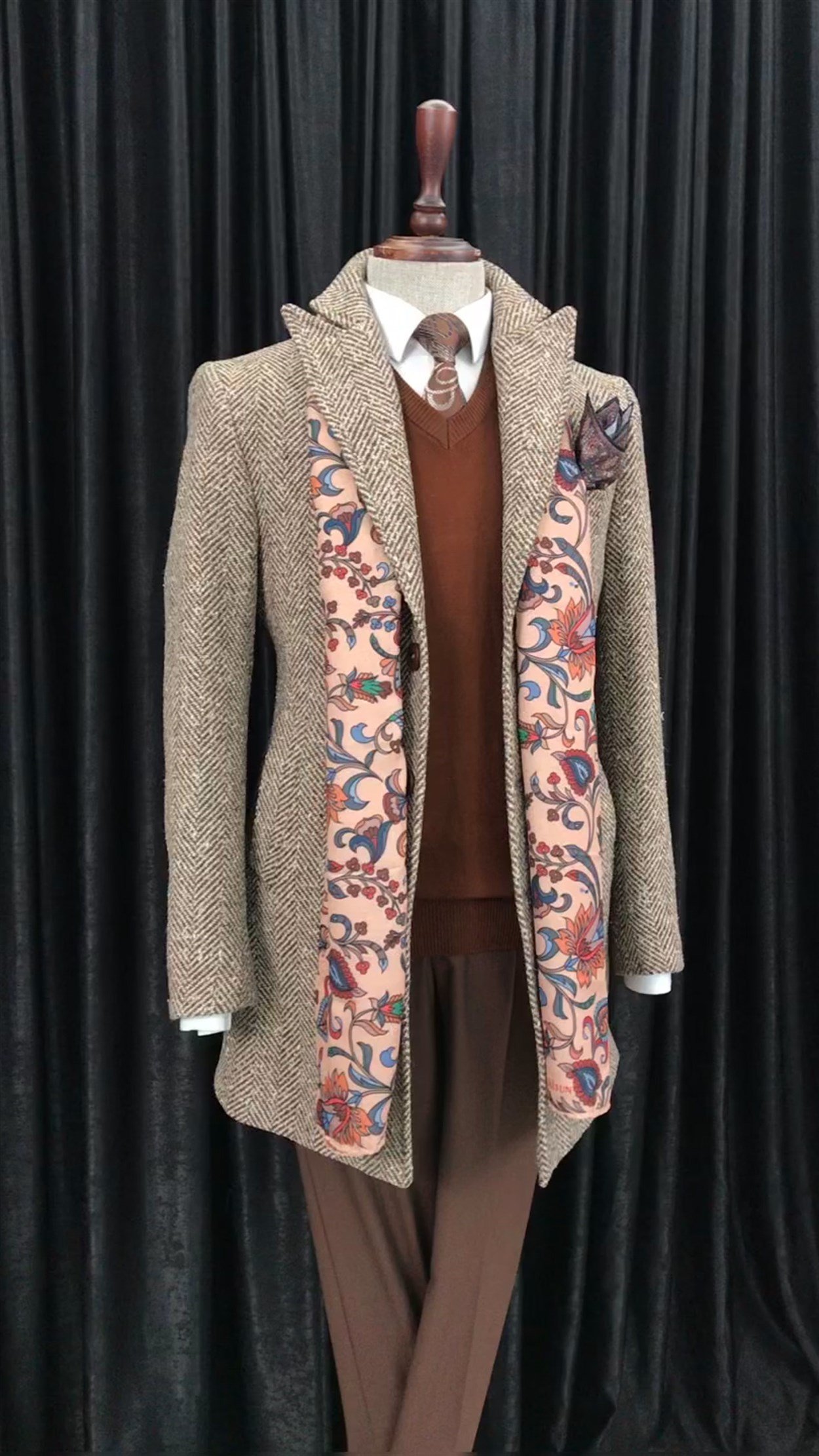 İtalyan stil slim fit erkek sivri yaka yün karışımlı kaban Bej T8703