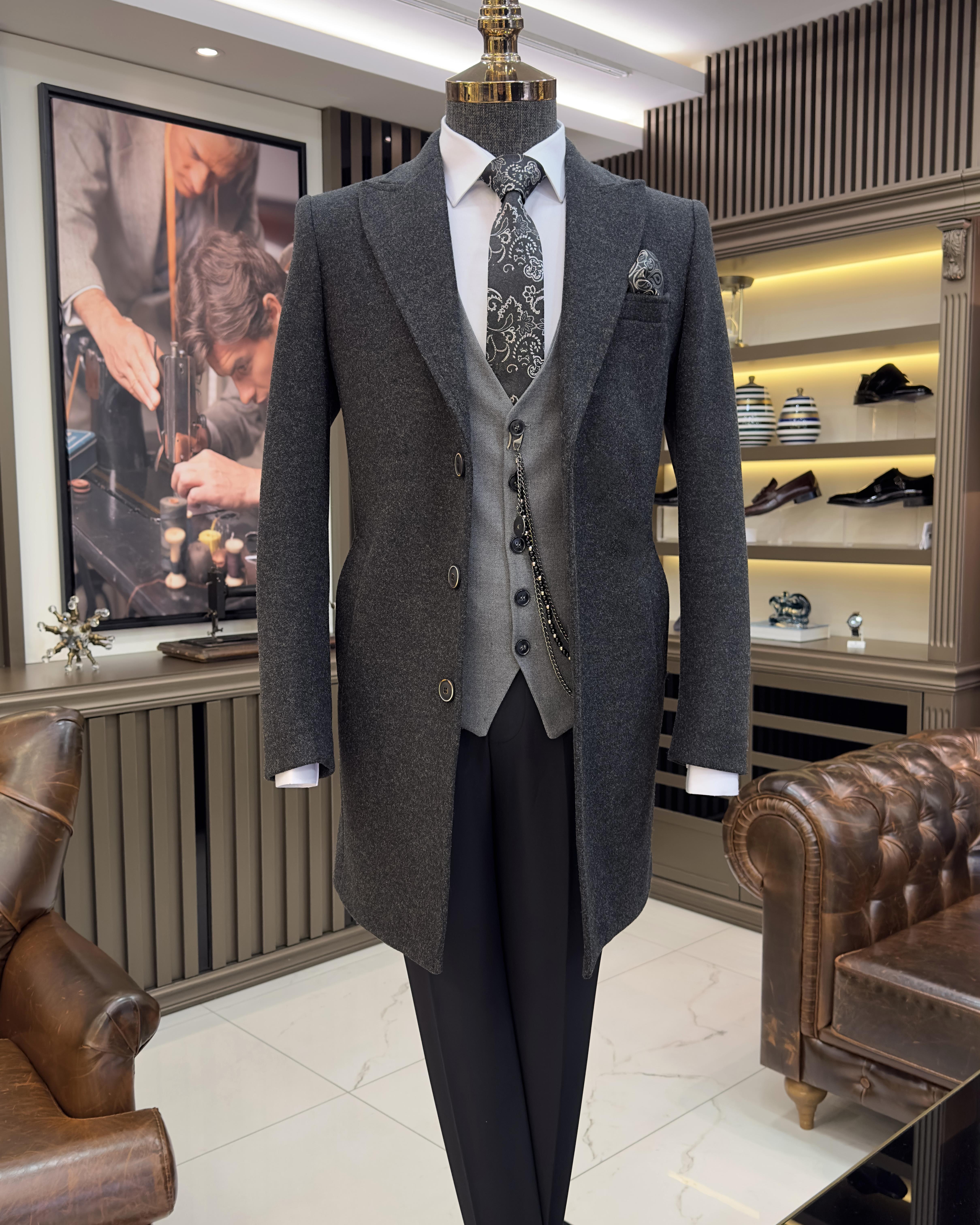 İtalyan stil slim fit erkek sivri yaka yün karışımlı kaban antrasit T10850