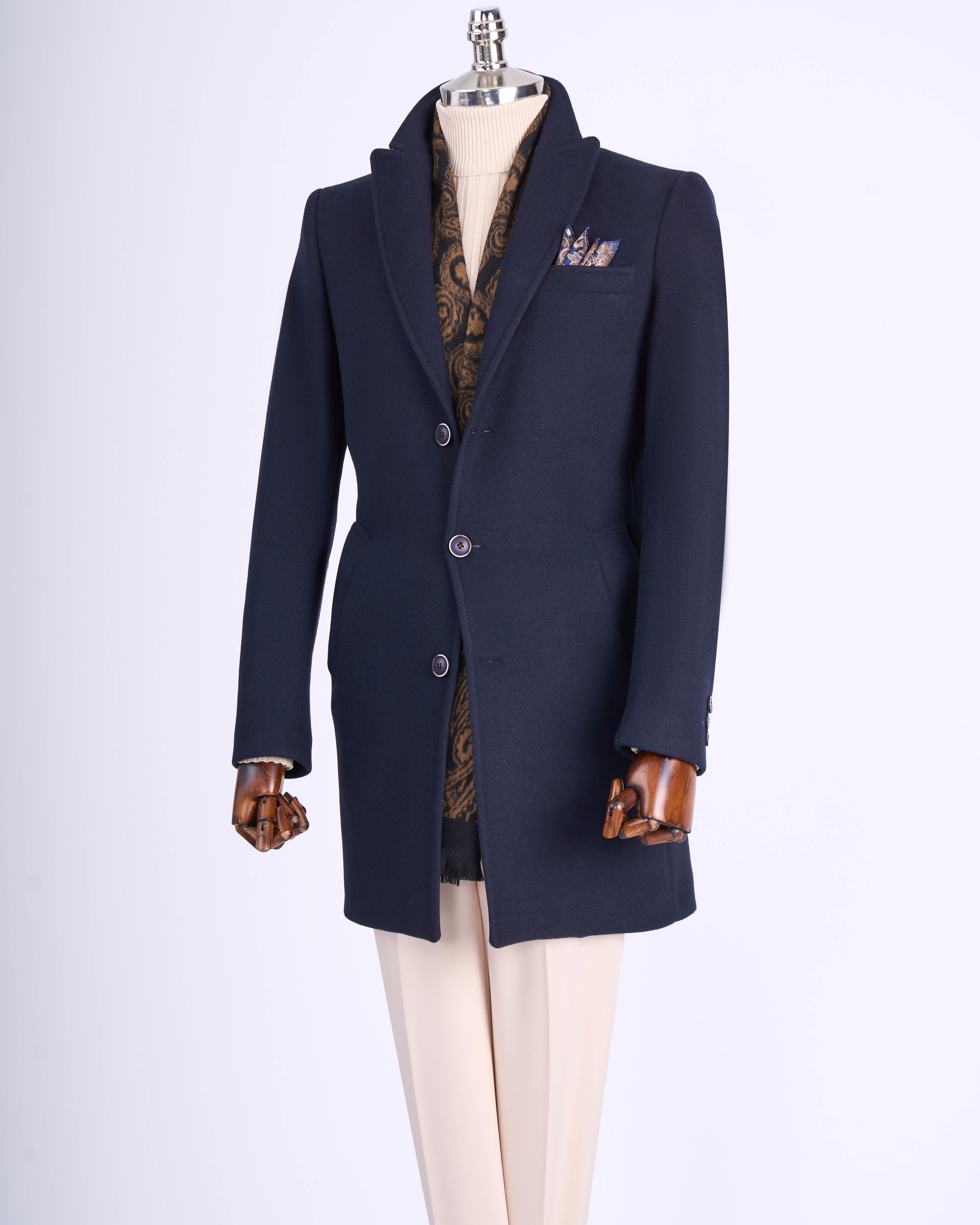 İtalyan stil slim fit erkek sivri yaka yün karışımlı kaban lacivert  T10849