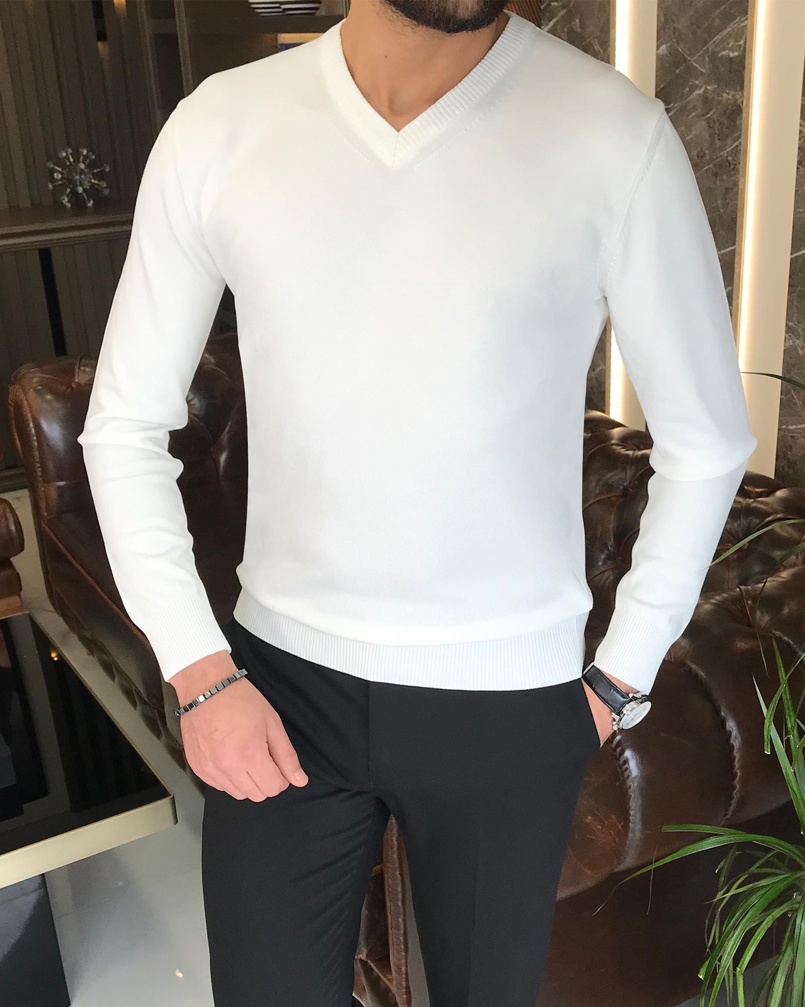 İtalyan stil slim fit erkek V yaka triko kazak Ekru T8736