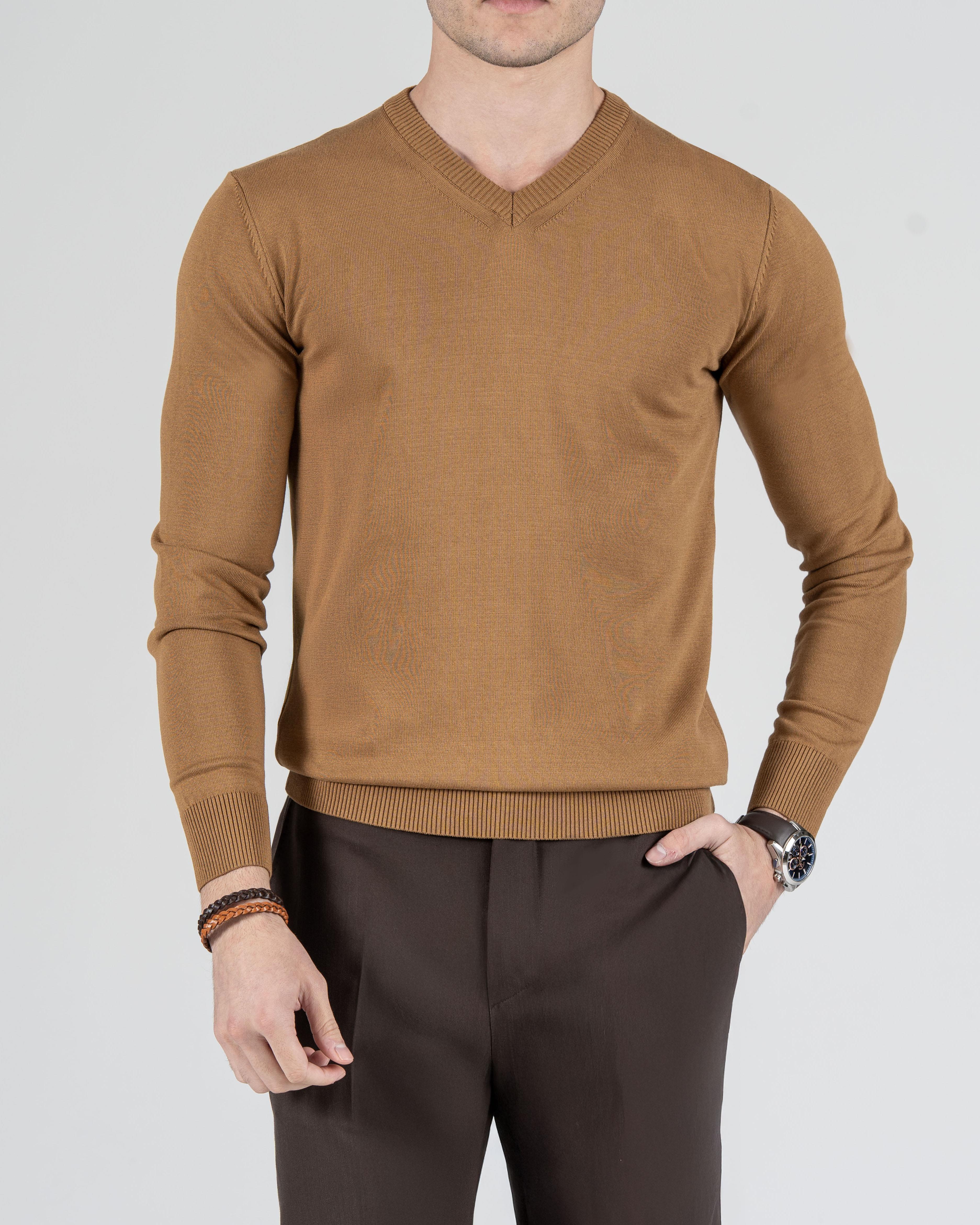 İtalyan stil slim fit erkek V yaka triko kazak Camel T8734