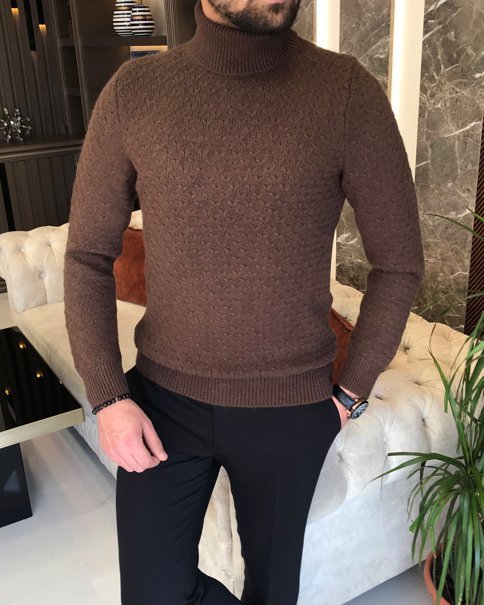 İtalyan stil slim fit erkek yarım balıkçı yaka triko kazak Kahverengi T8705