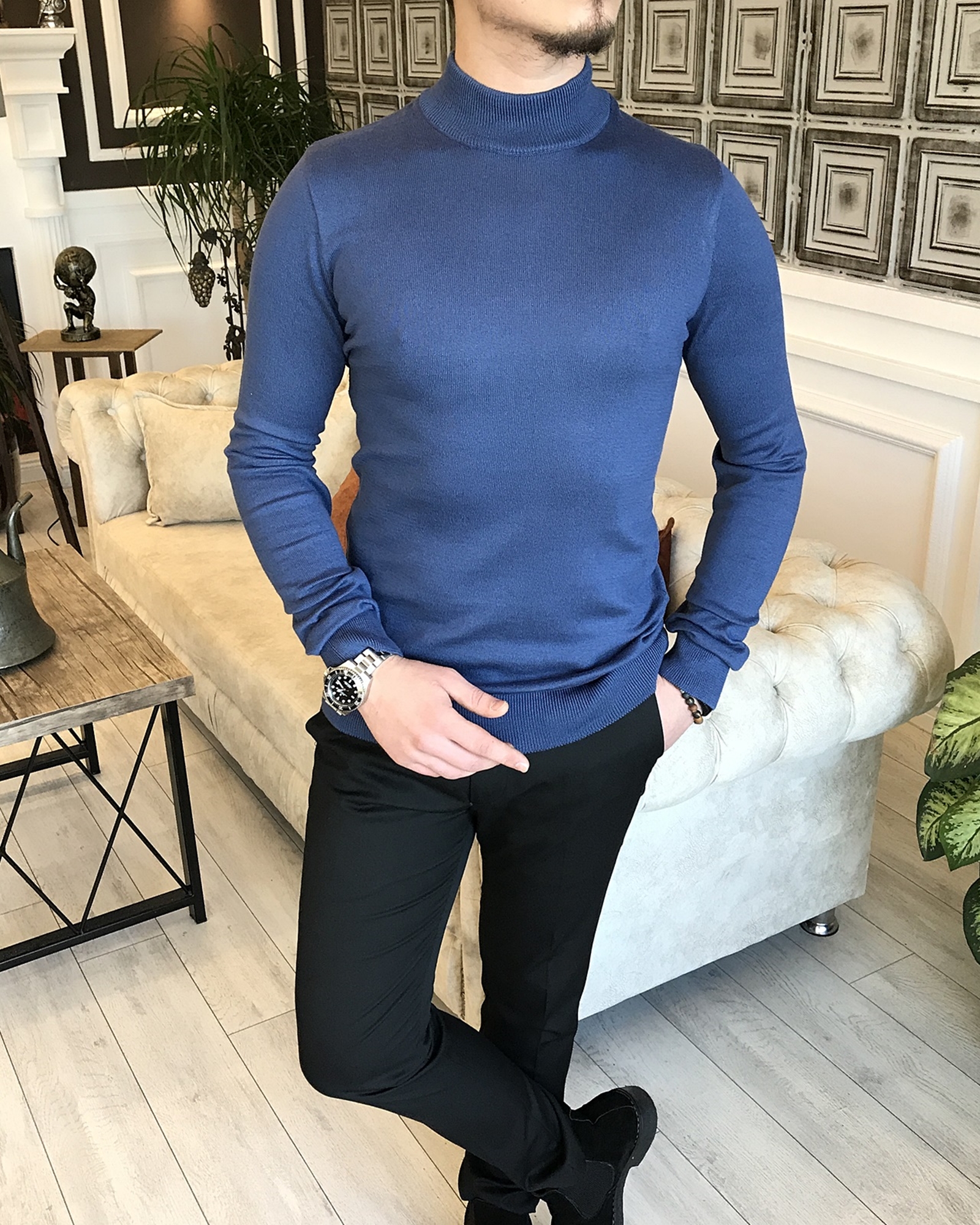 İtalyan stil slim fit erkek yarım balıkçıl yaka triko kazak İndigo T5222