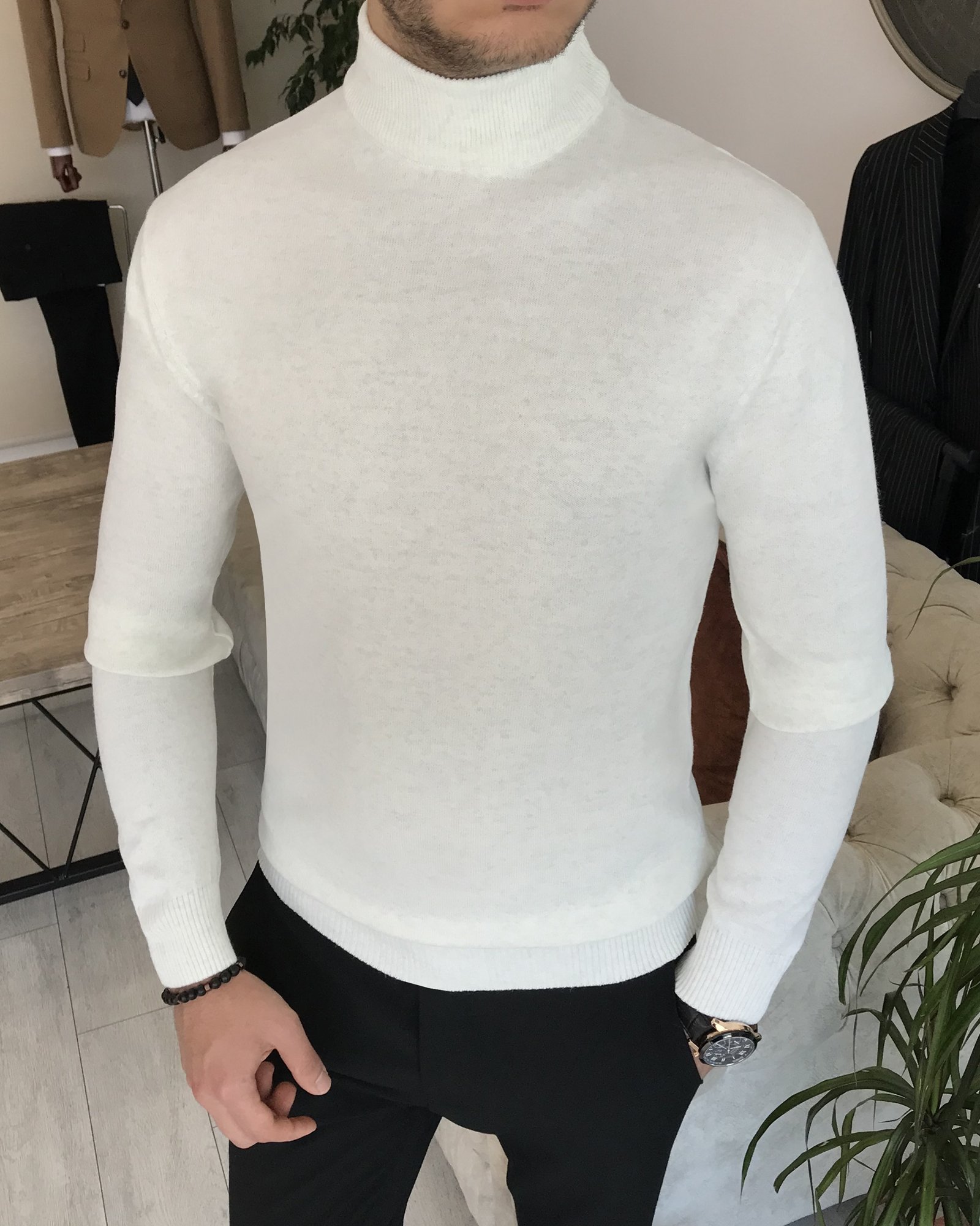 İtalyan stil slim fit erkek balıkçı yaka triko kazak Gri T7963