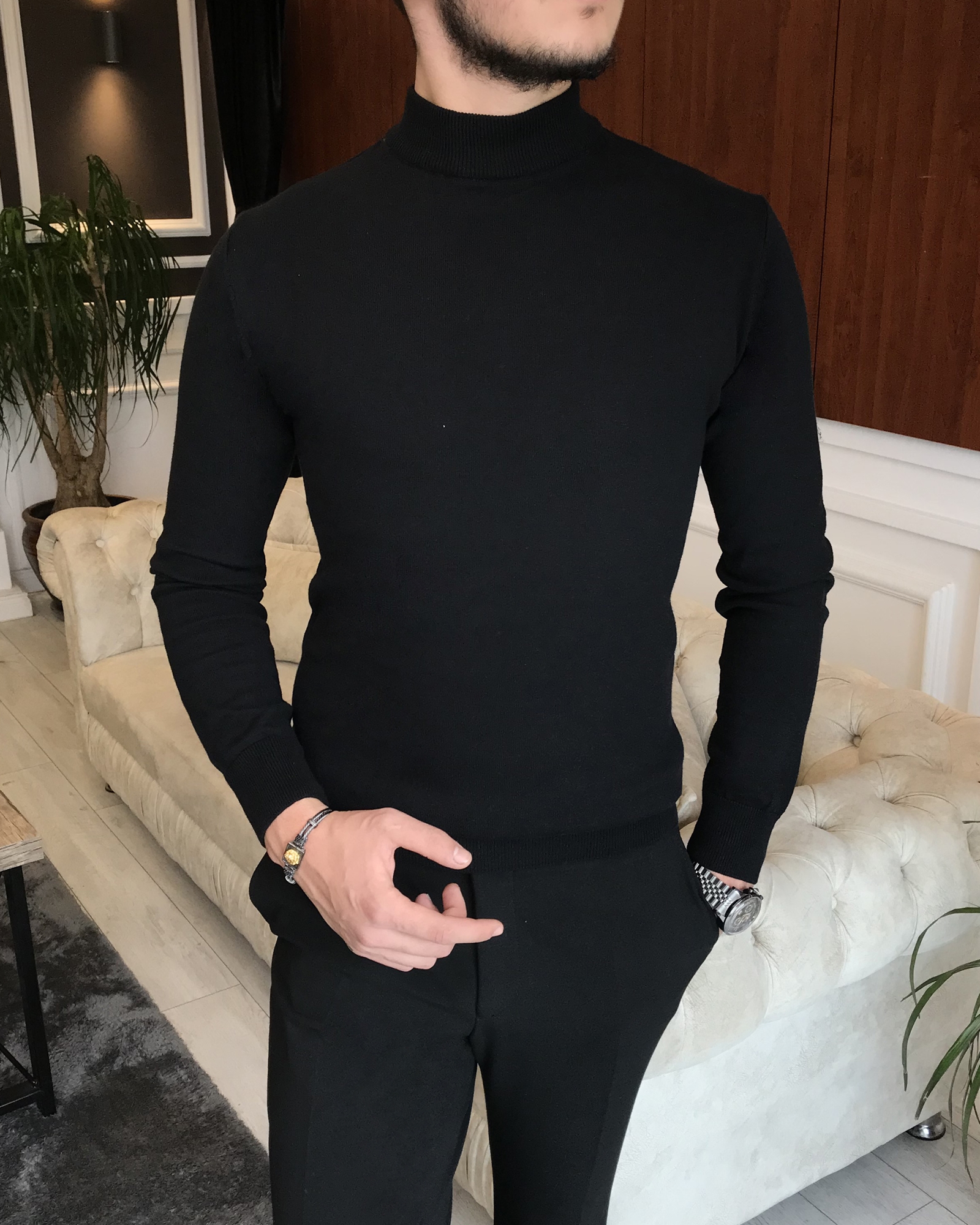 İtalyan stil slim fit erkek yarım balıkçıl yaka triko kazak siyah T6438