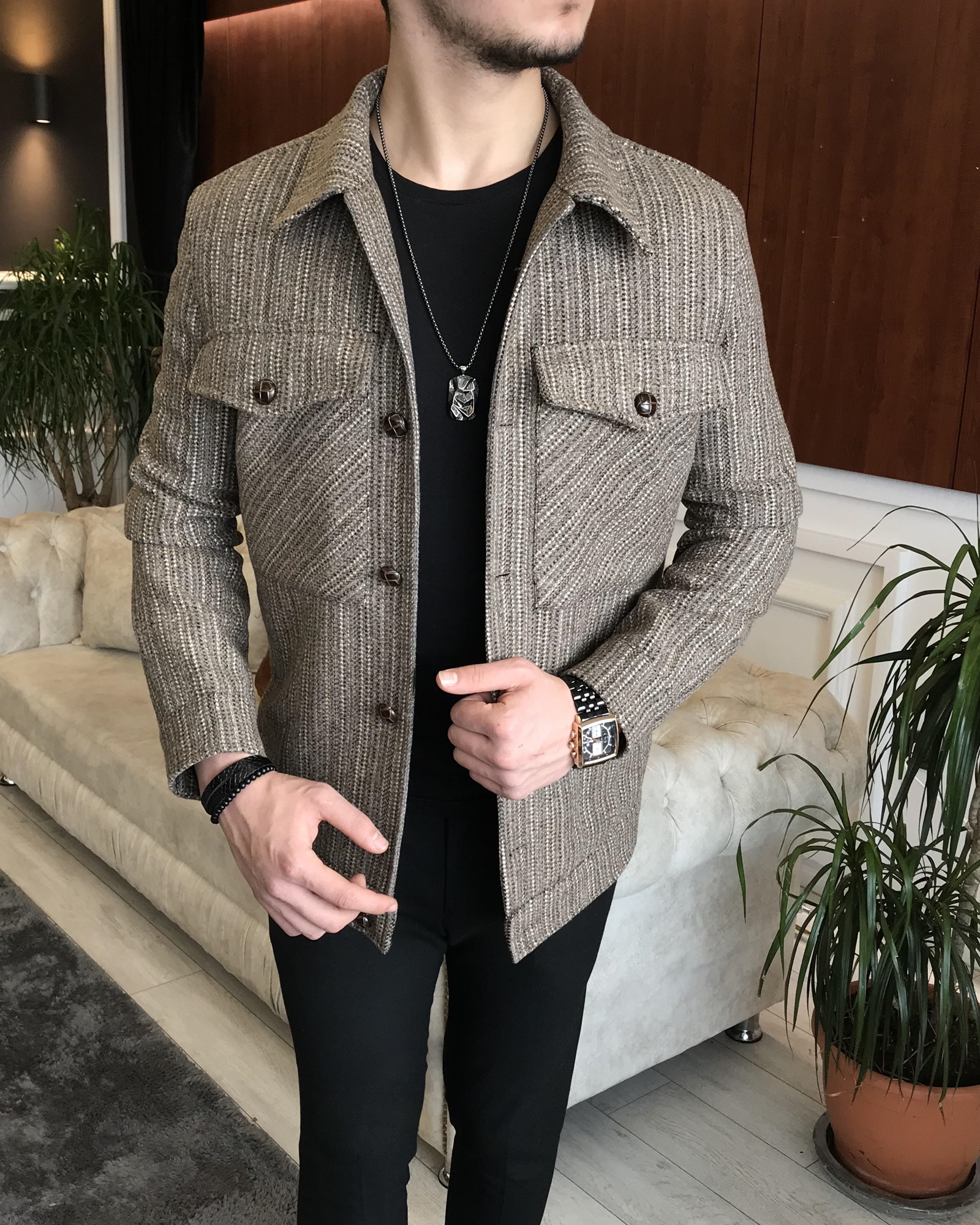Italian Style Slim Fit Men's Wool Coat Jacket Multicolored T6743