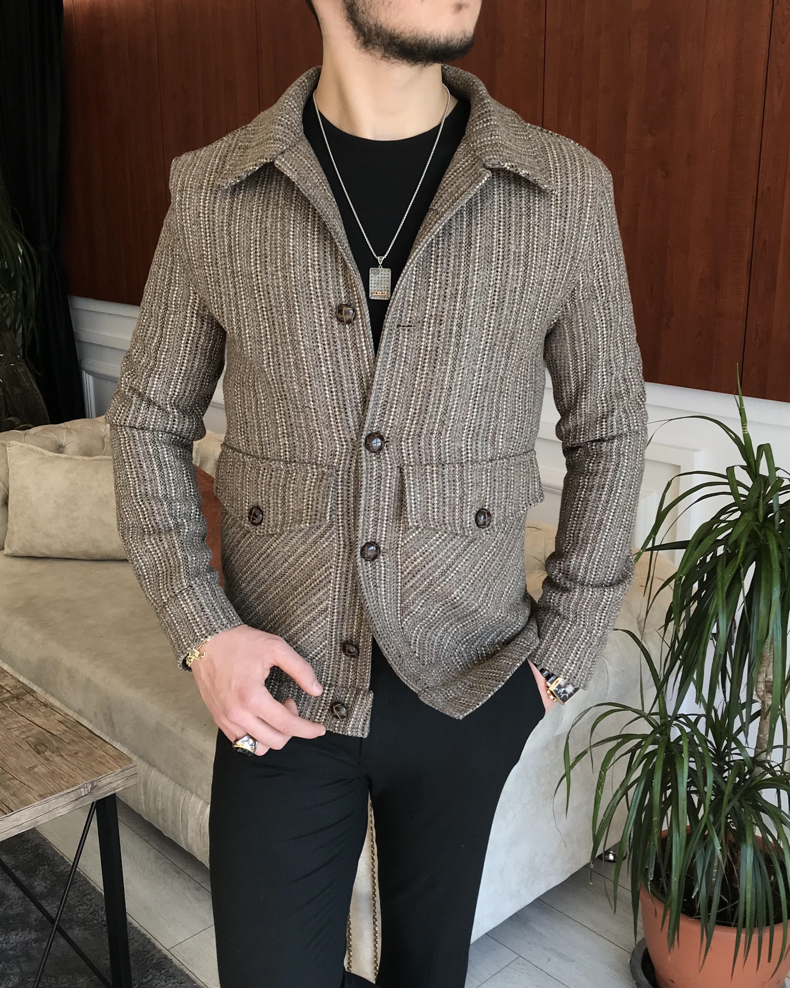 İtalyan stil slim fit erkek yün mont ceket Kahverengi T6842
