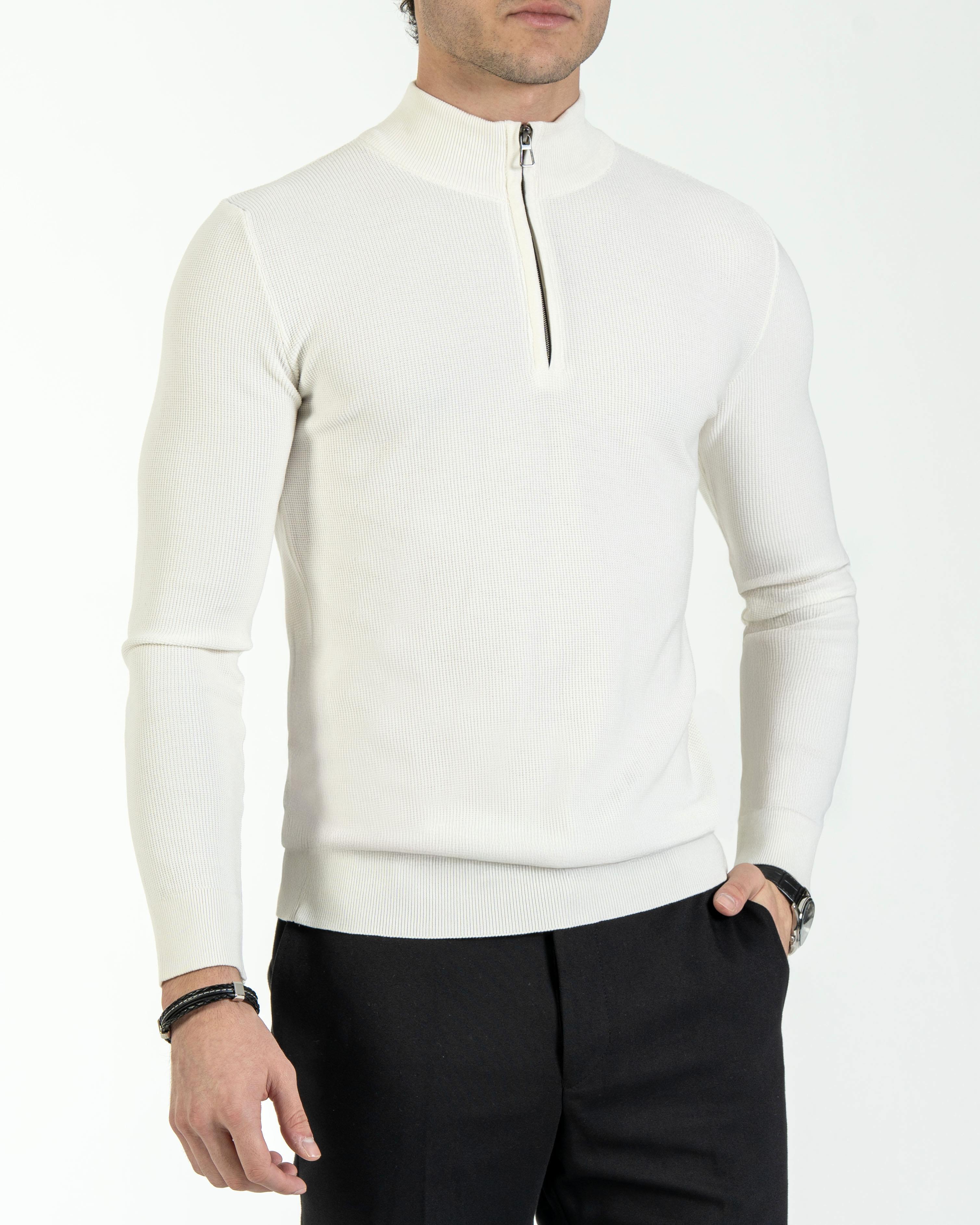 İtalyan stil slim fit fermuarlı yarım balıkçıl triko erkek kazak ekru T13532