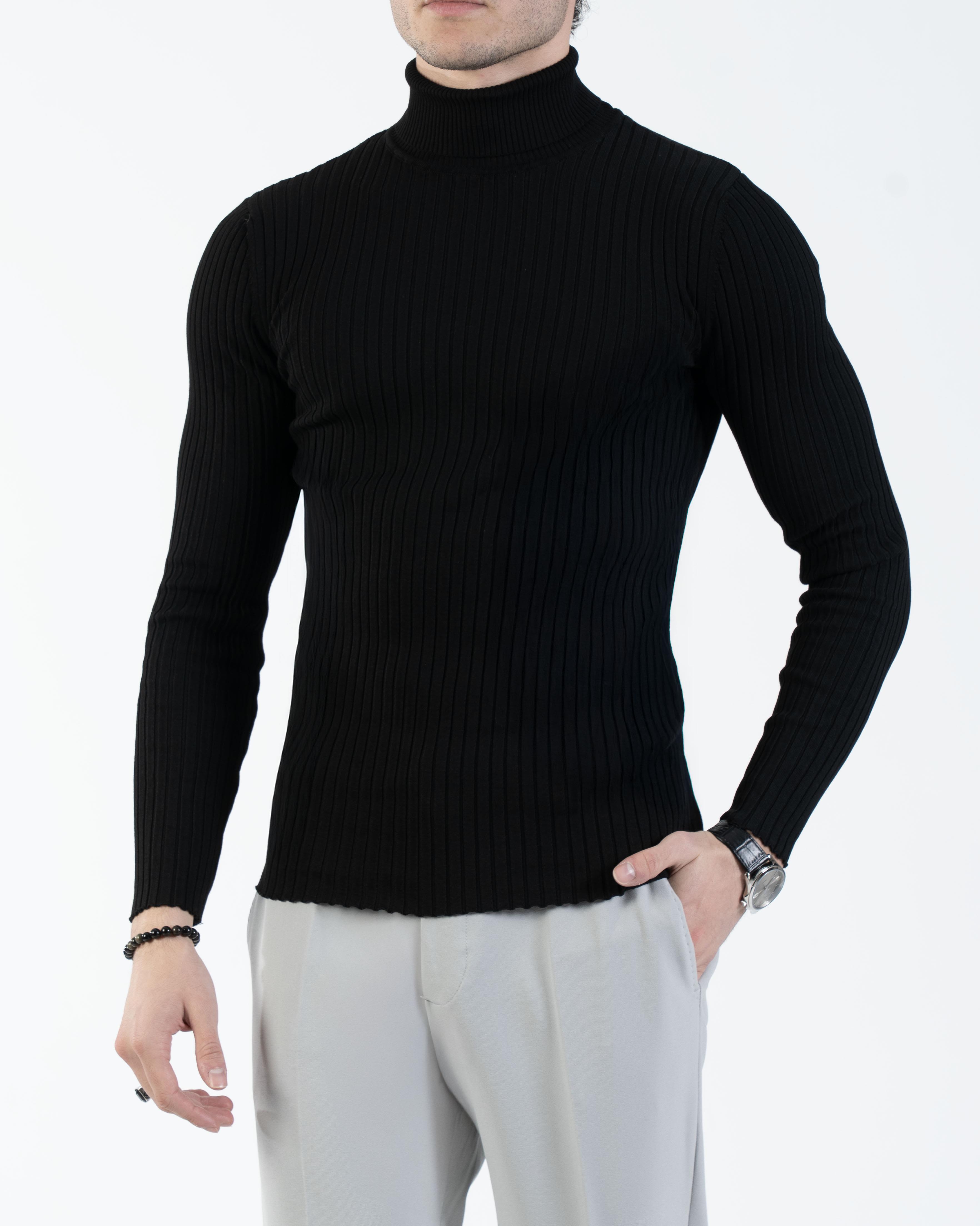 İtalyan stil slim fit fitilli boğazlı triko erkek kazak siyah T10622