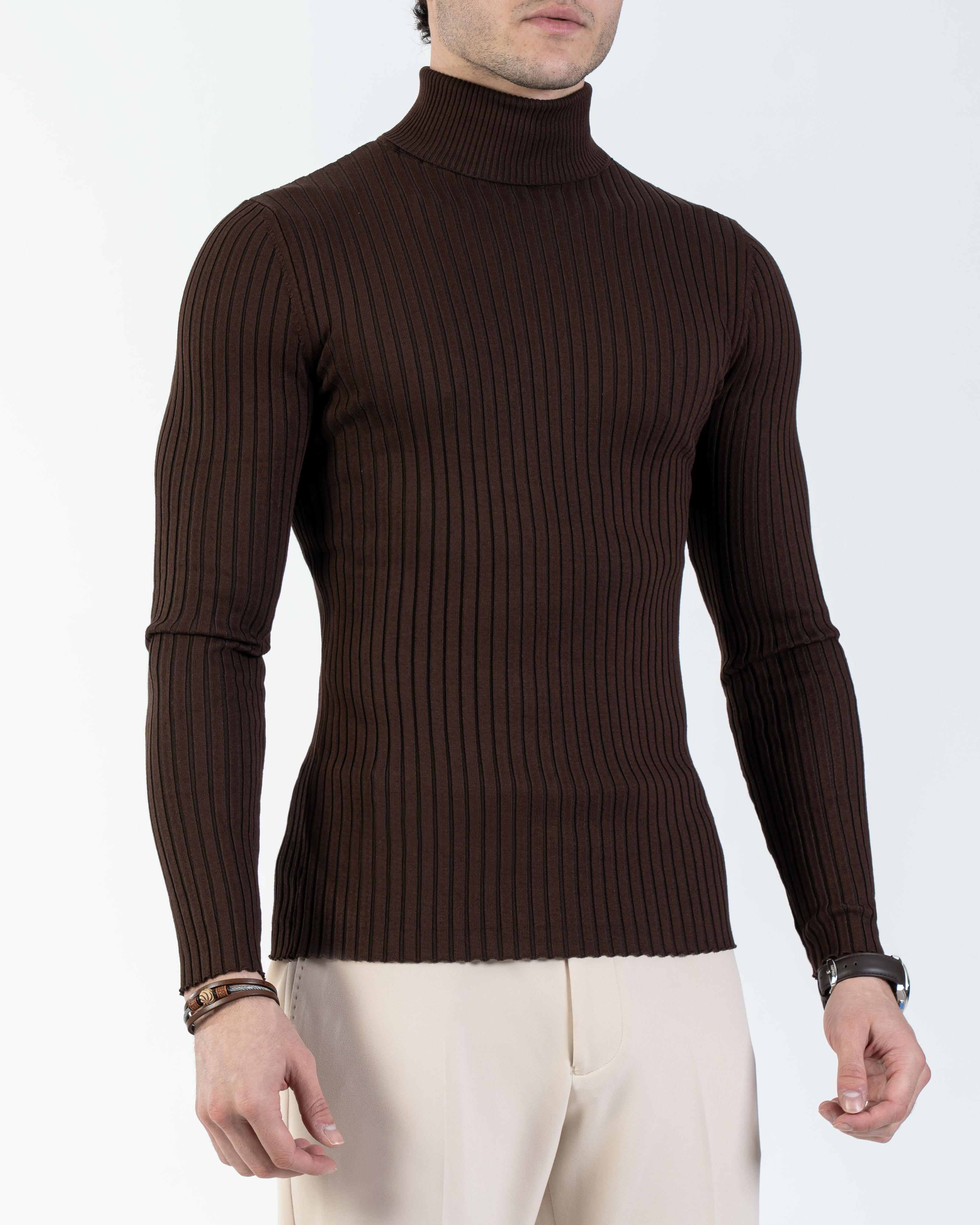 İtalyan stil slim fit fitilli boğazlı triko erkek kazak kiremit T10616