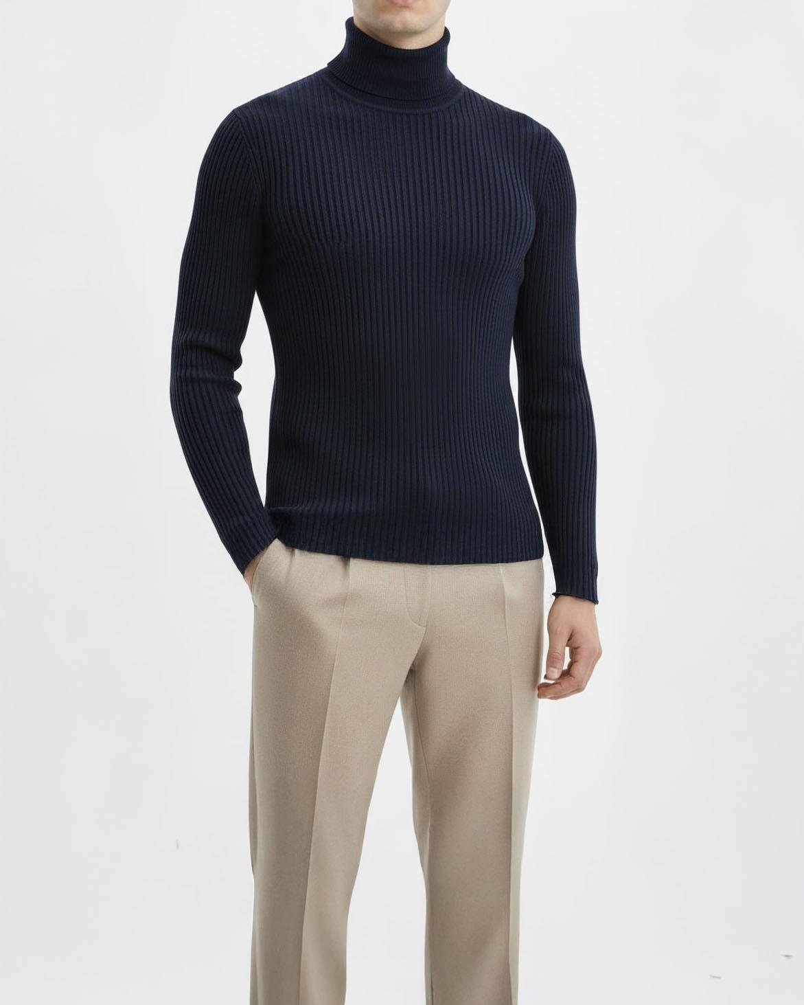 İtalyan stil slim fit fitilli boğazlı triko erkek kazak lacivert T10618