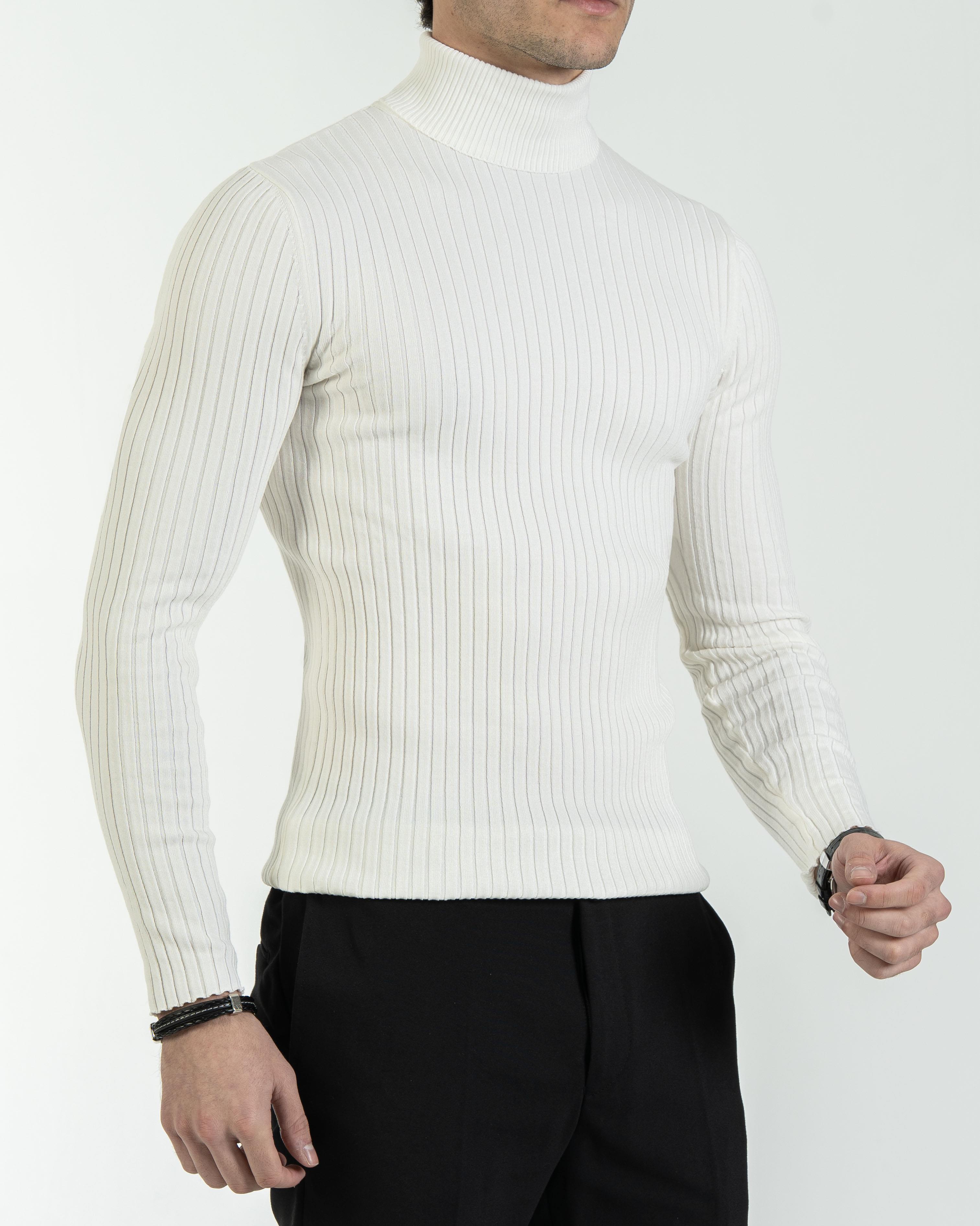 İtalyan stil slim fit fitilli boğazlı triko erkek kazak ekru T10623