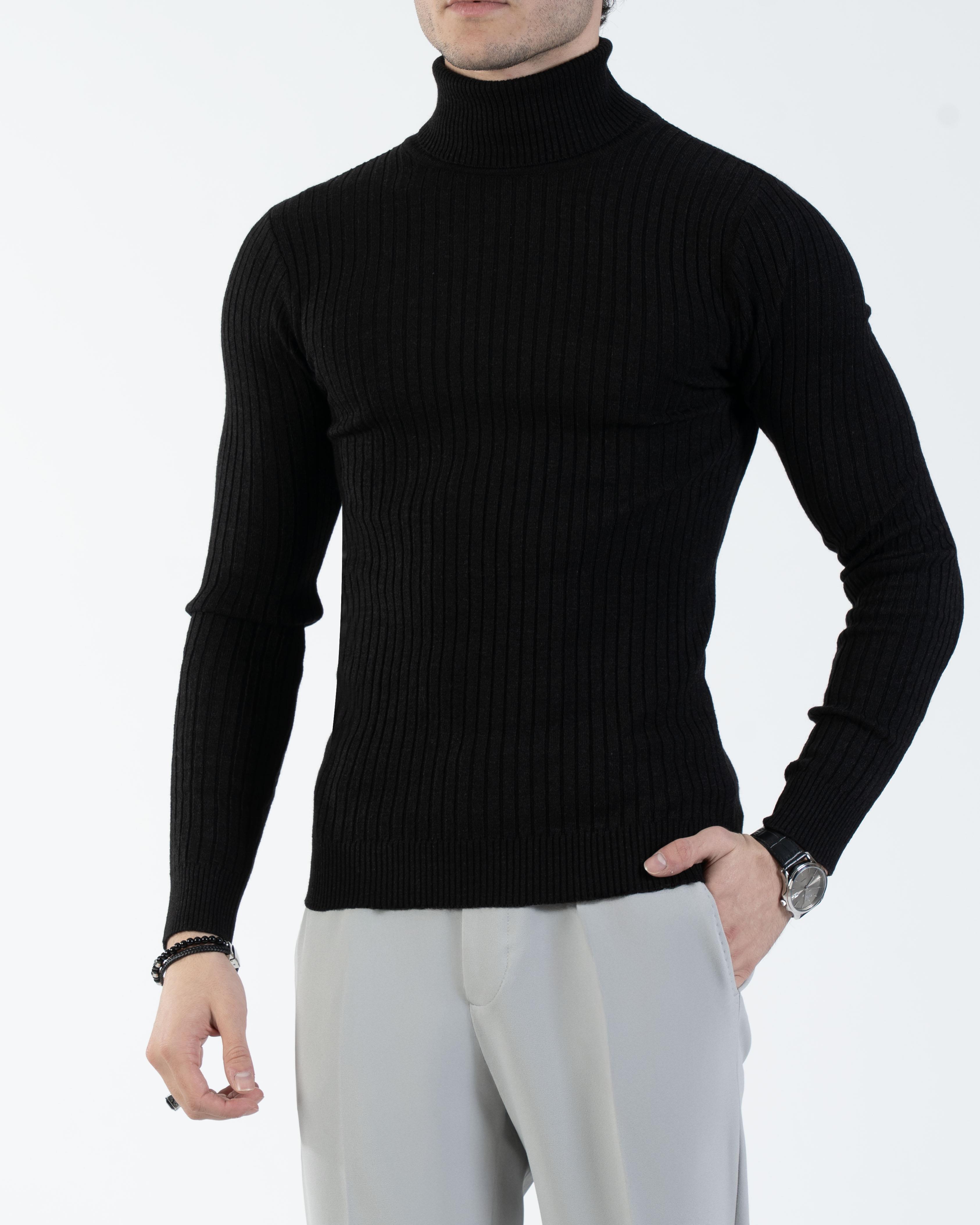 İtalyan stil slim fit fitilli boğazlı triko erkek kazak siyah T13148