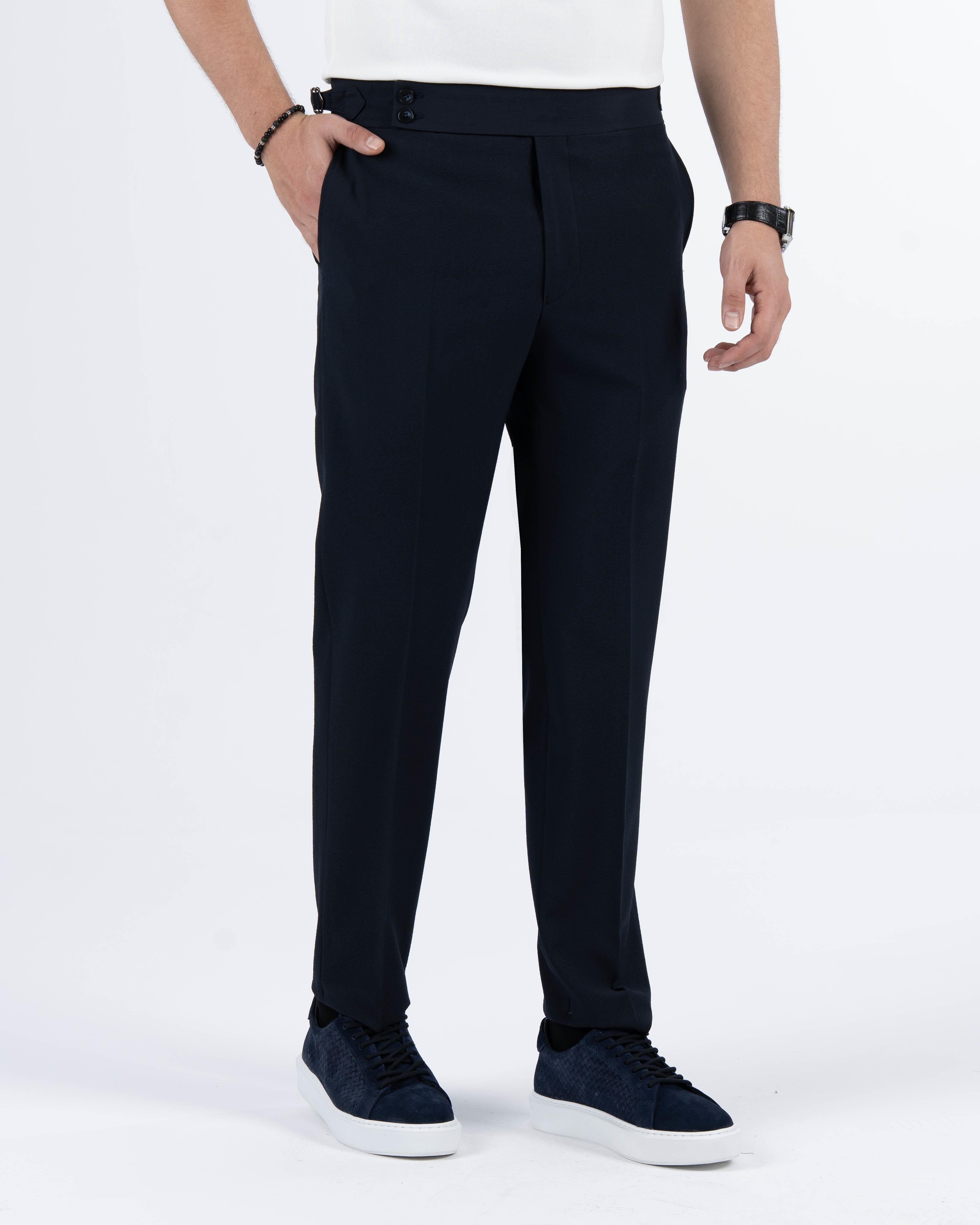İtalyan stil slim fit gofre kumaş bel detaylı erkek pantolon lacivert T11446