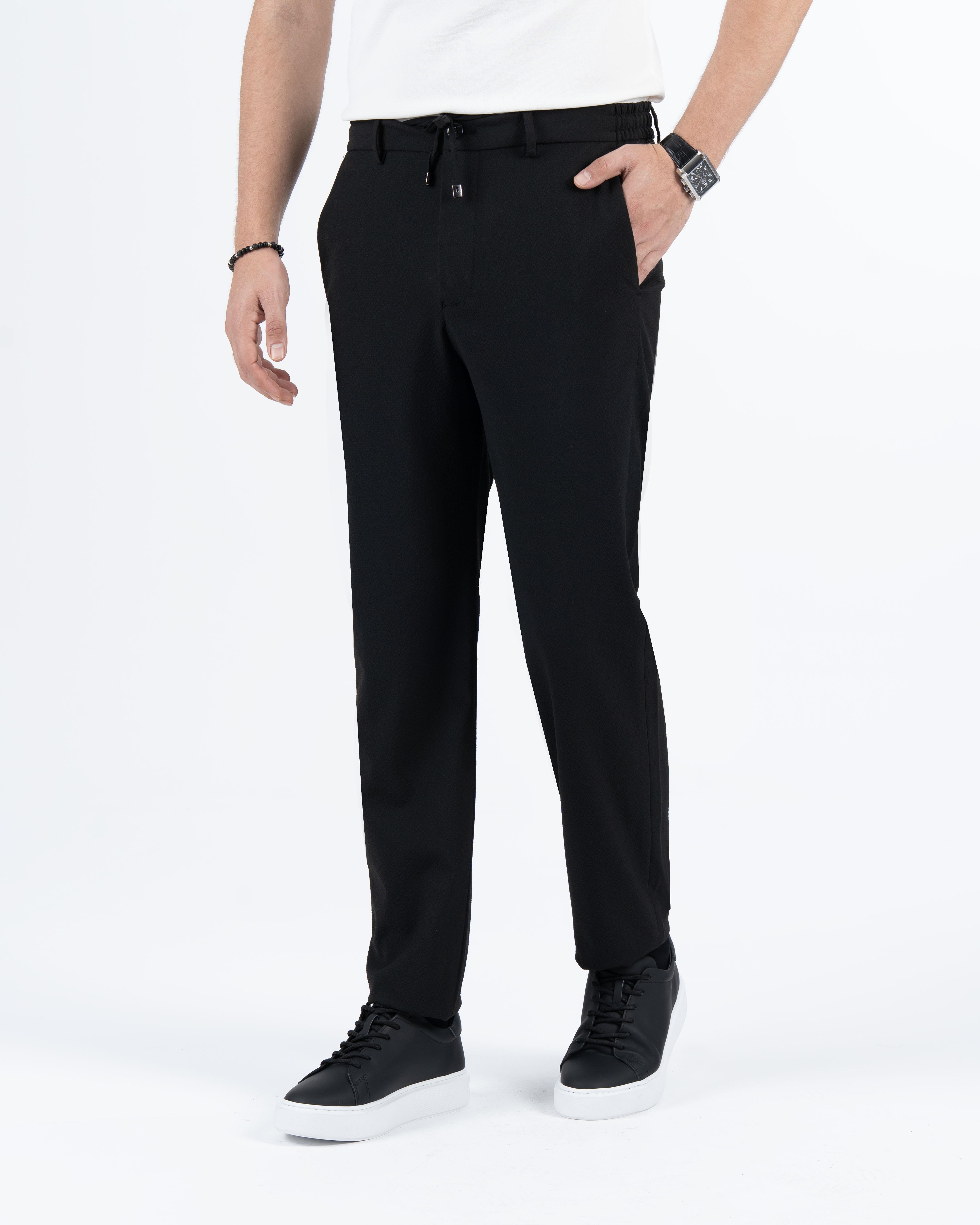 İtalyan stil slim fit gofre kumaş erkek pantalon siyah T13686