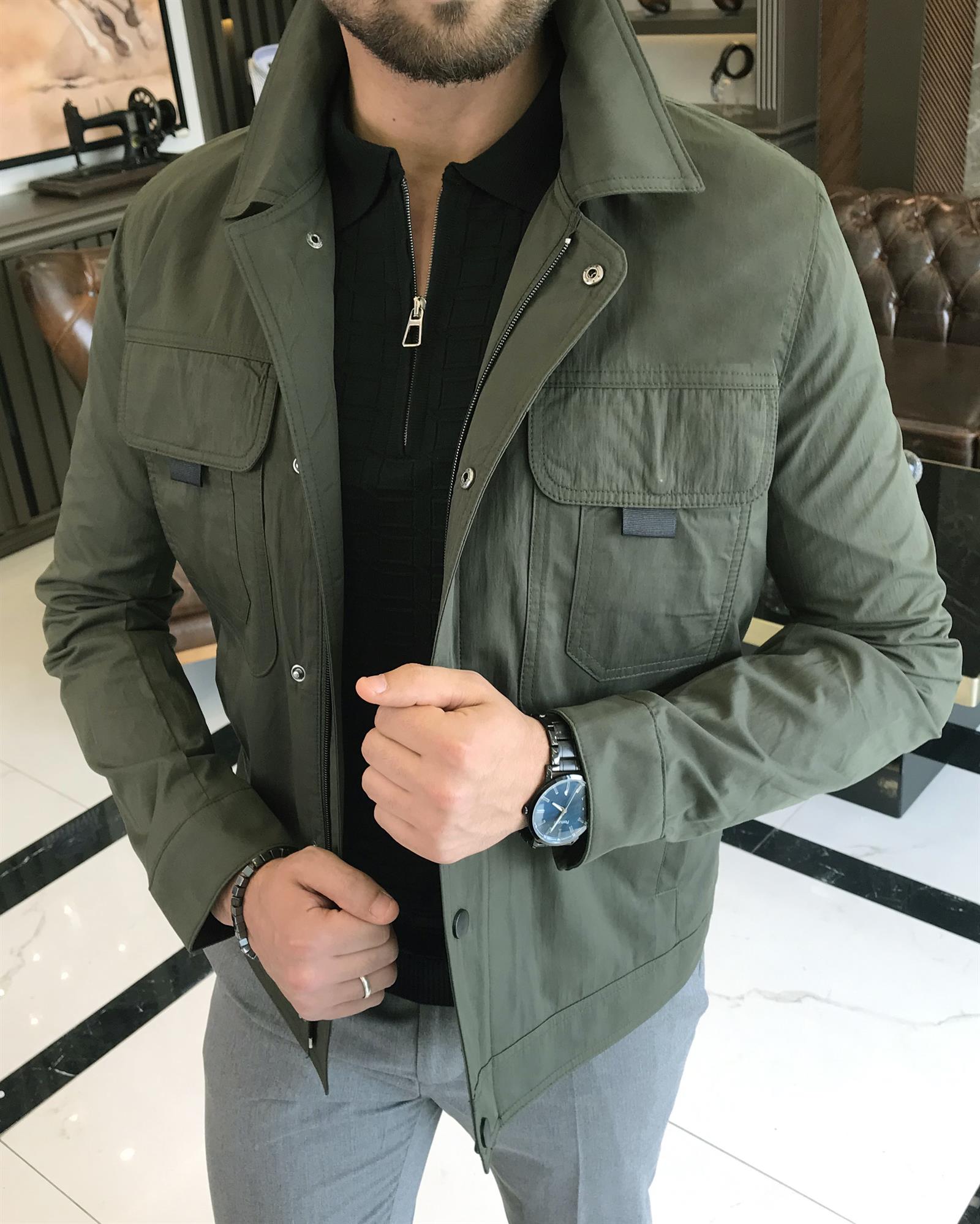 İtalyan stil slim fit gömlek yaka erkek mont haki T9605