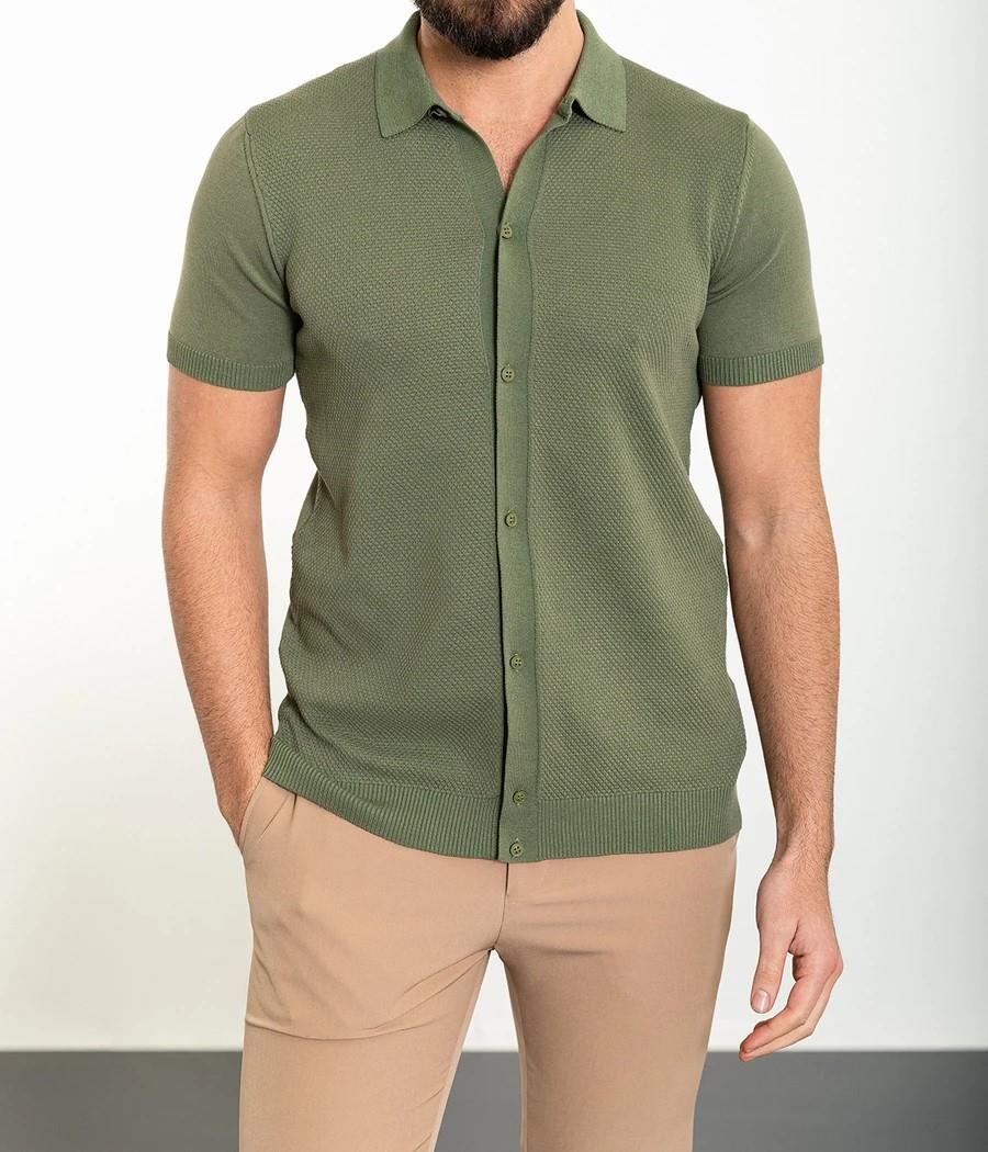 İtalyan stil slim fit gömlek yaka triko tişört haki T11746