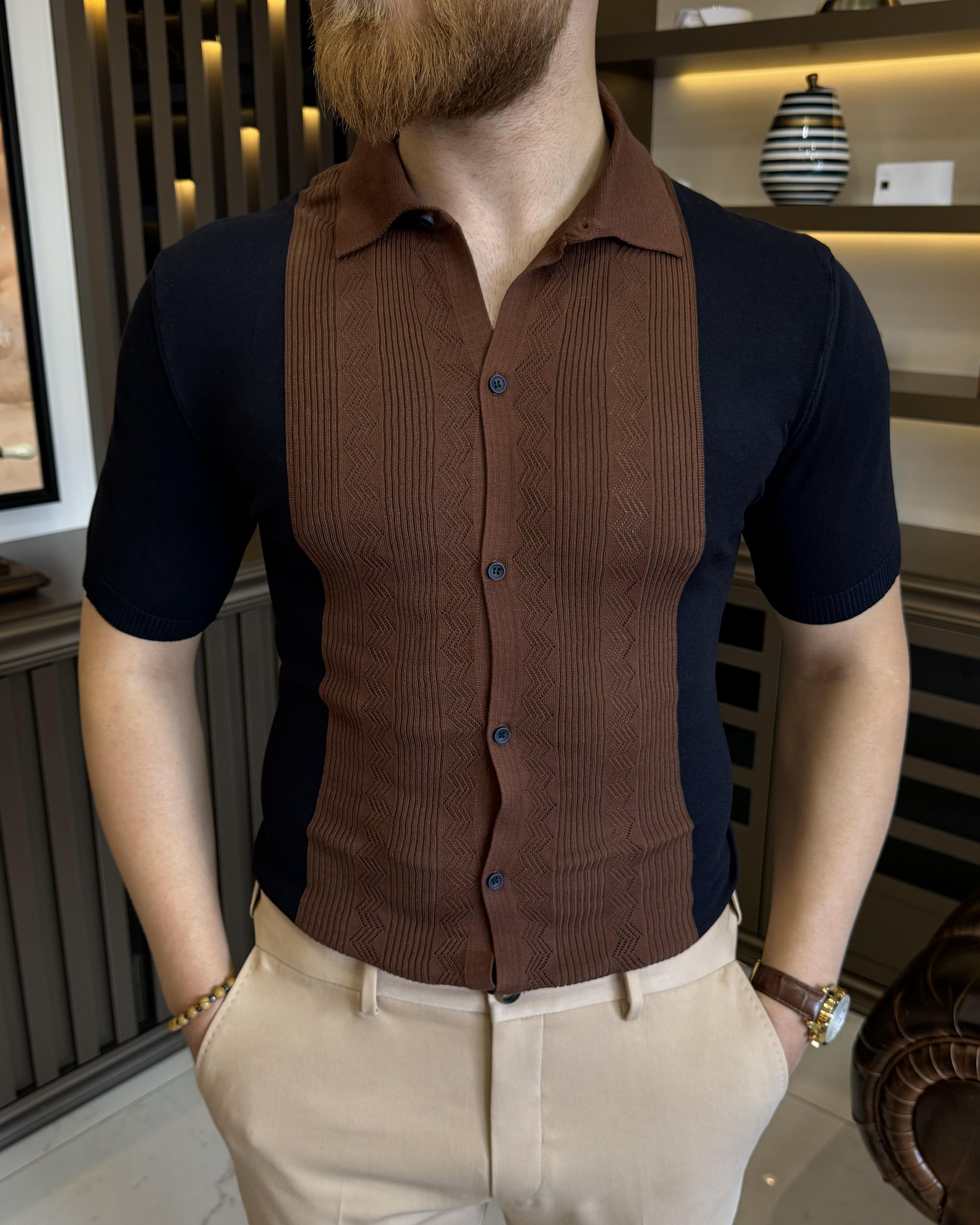 İtalyan stil slim fit gömlek yaka triko tişört lacivert T11763