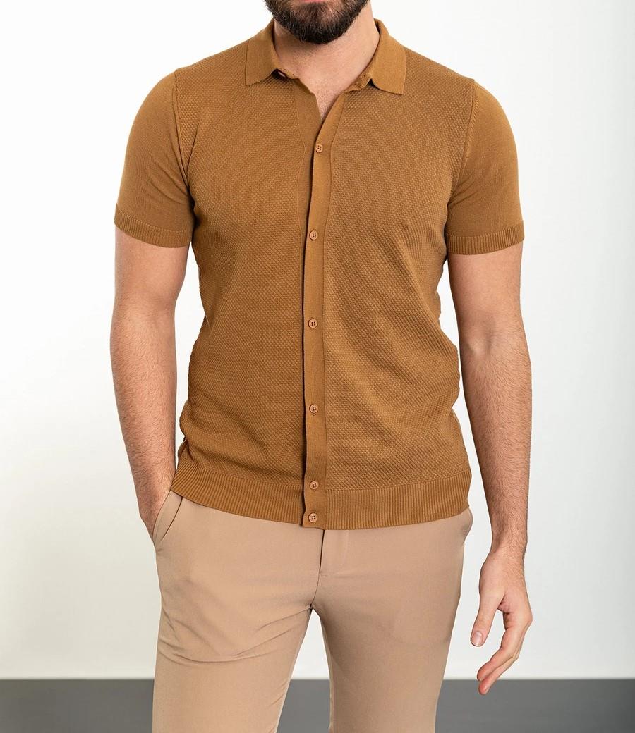İtalyan stil slim fit gömlek yaka triko tişört camel T11745