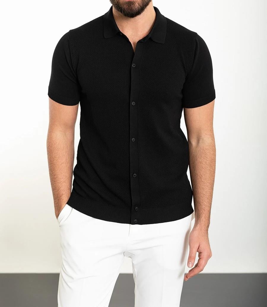 İtalyan stil slim fit gömlek yaka triko tişört siyah T11743