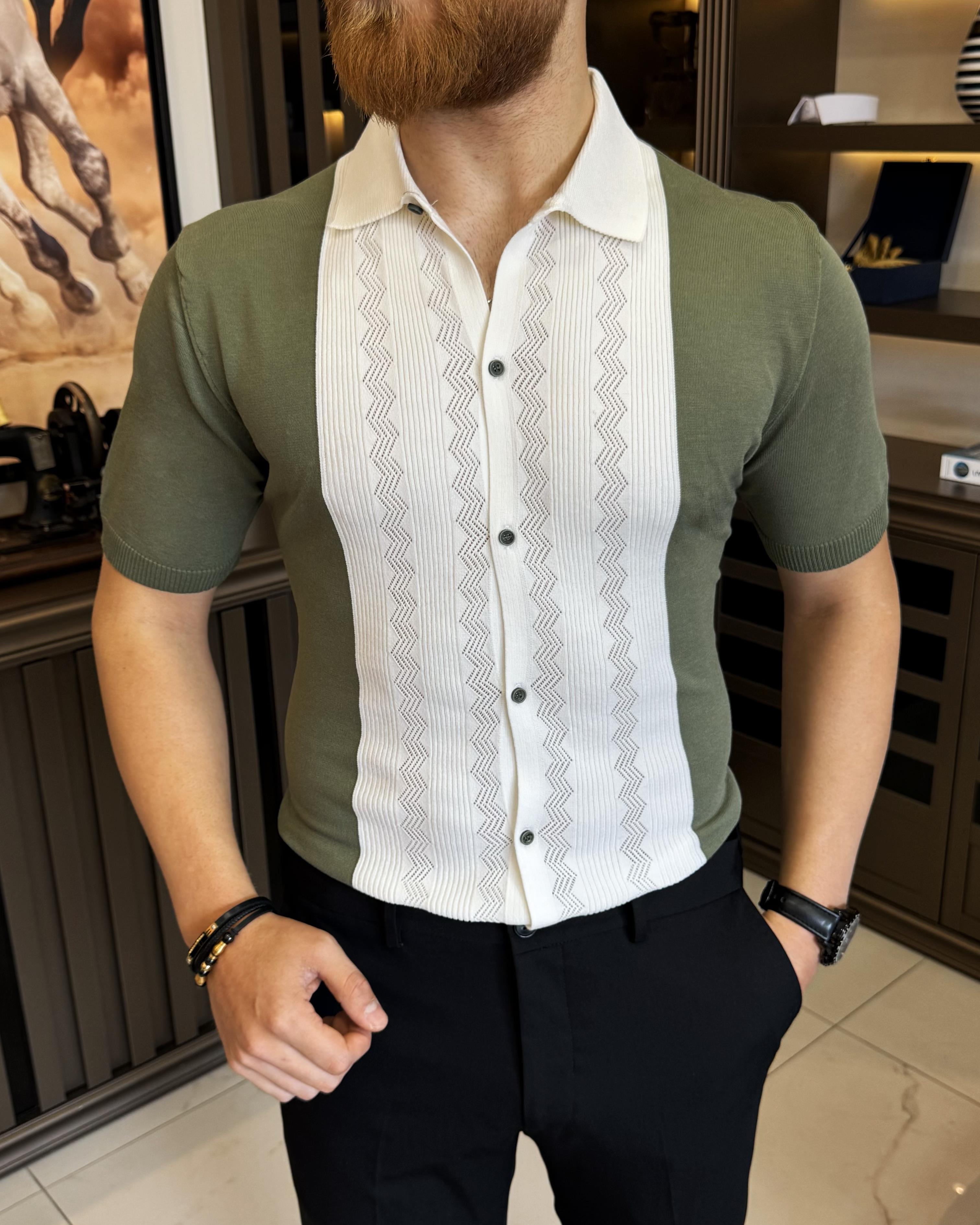 İtalyan stil slim fit gömlek yaka triko tişört haki T11764