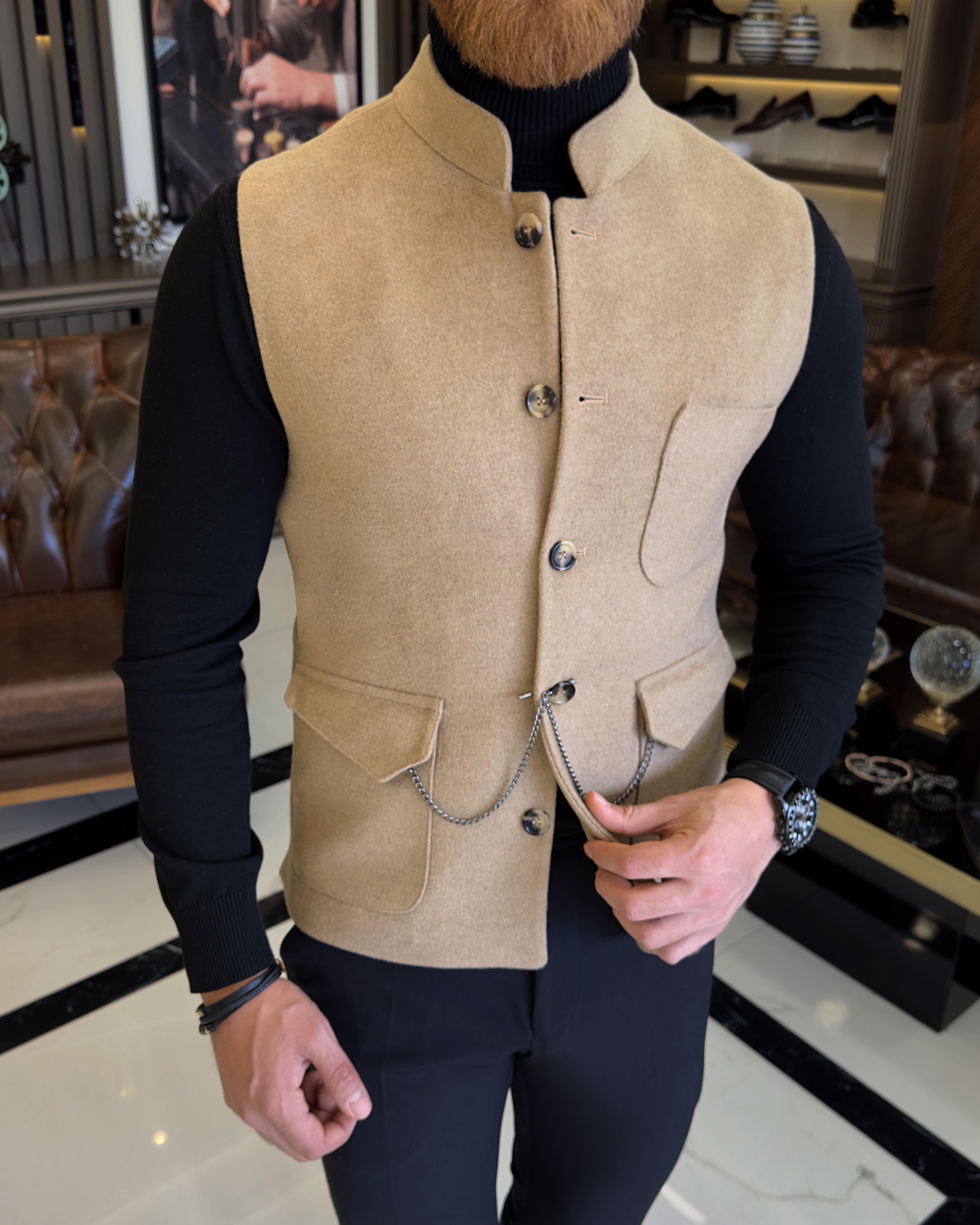Italian style slim fit crew neck cashmere pocket vest camel T10538