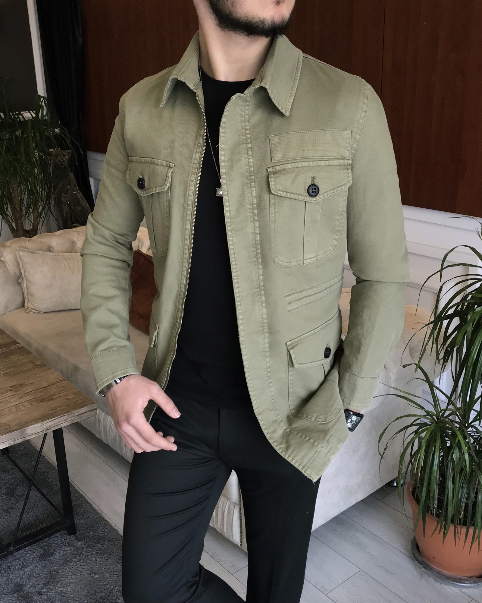 Italian Style Slim Fit Spring Summer Safari Daily Jacket Coat Green T7065