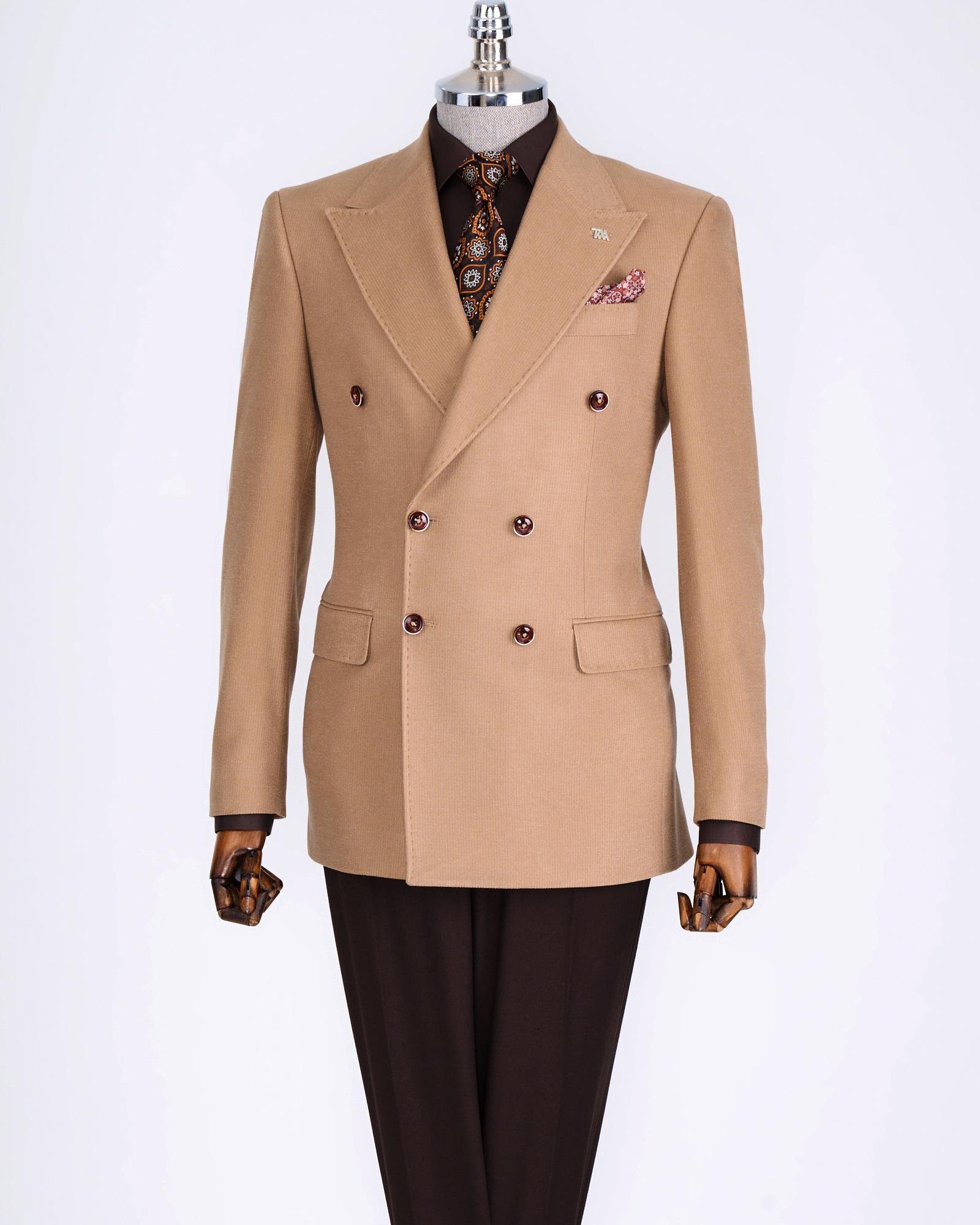 İtalyan stil slim fit kadife erkek tek ceket camel T13183