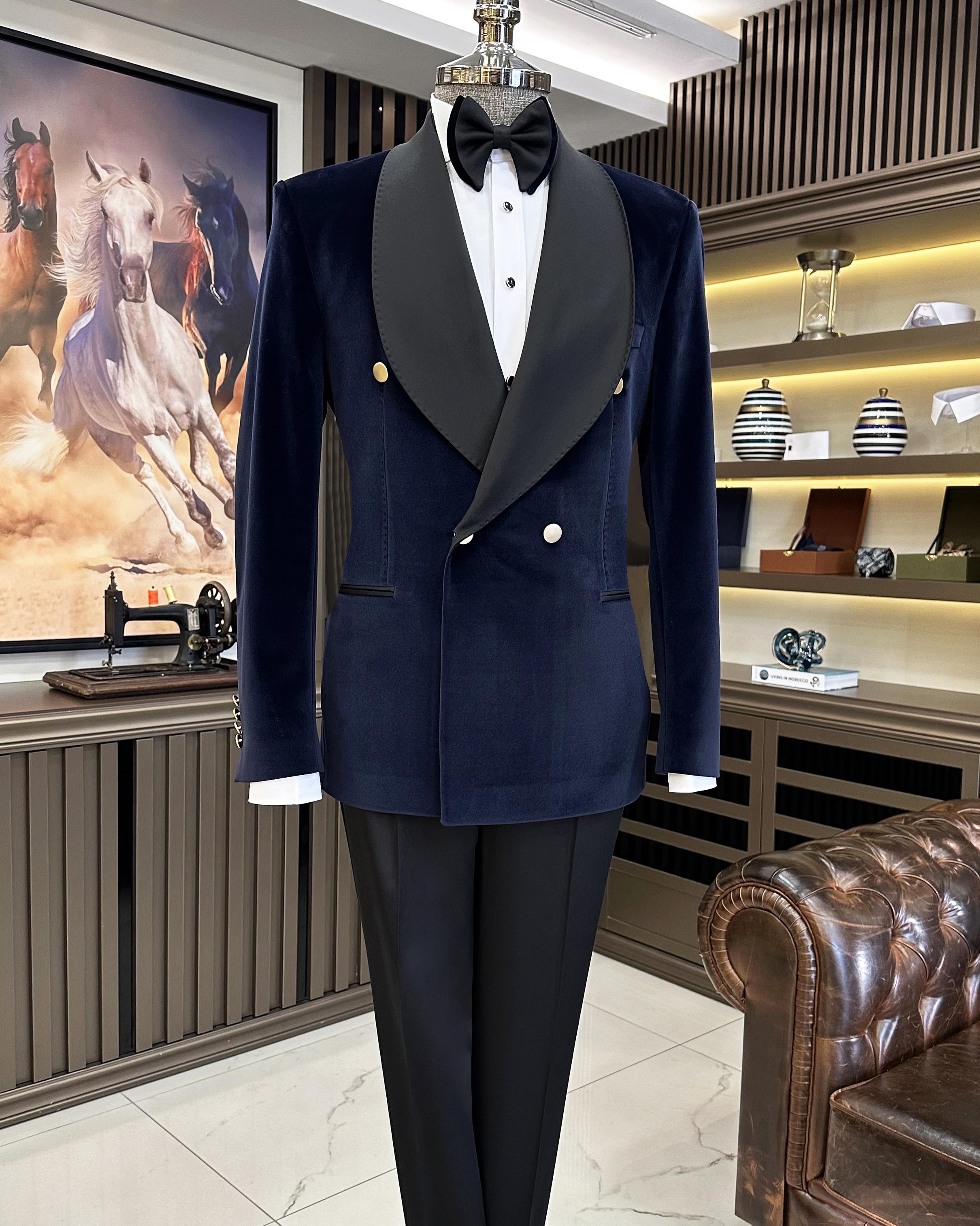 İtalyan stil slim fit kadife kruvaze ceket pantolon damatlık set lacivert T11593