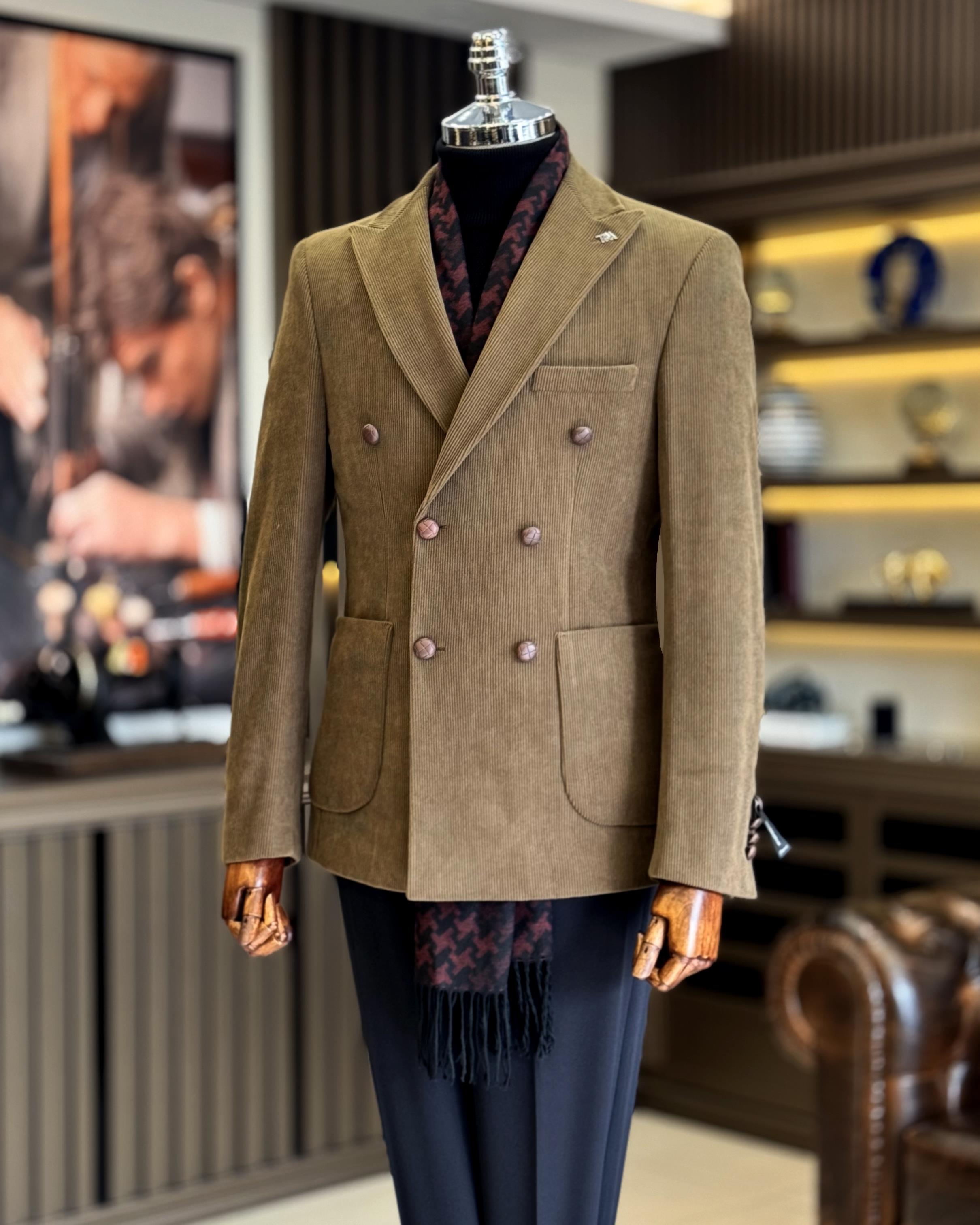 İtalyan stil slim fit kadife kruvaze tek ceket camel T13040