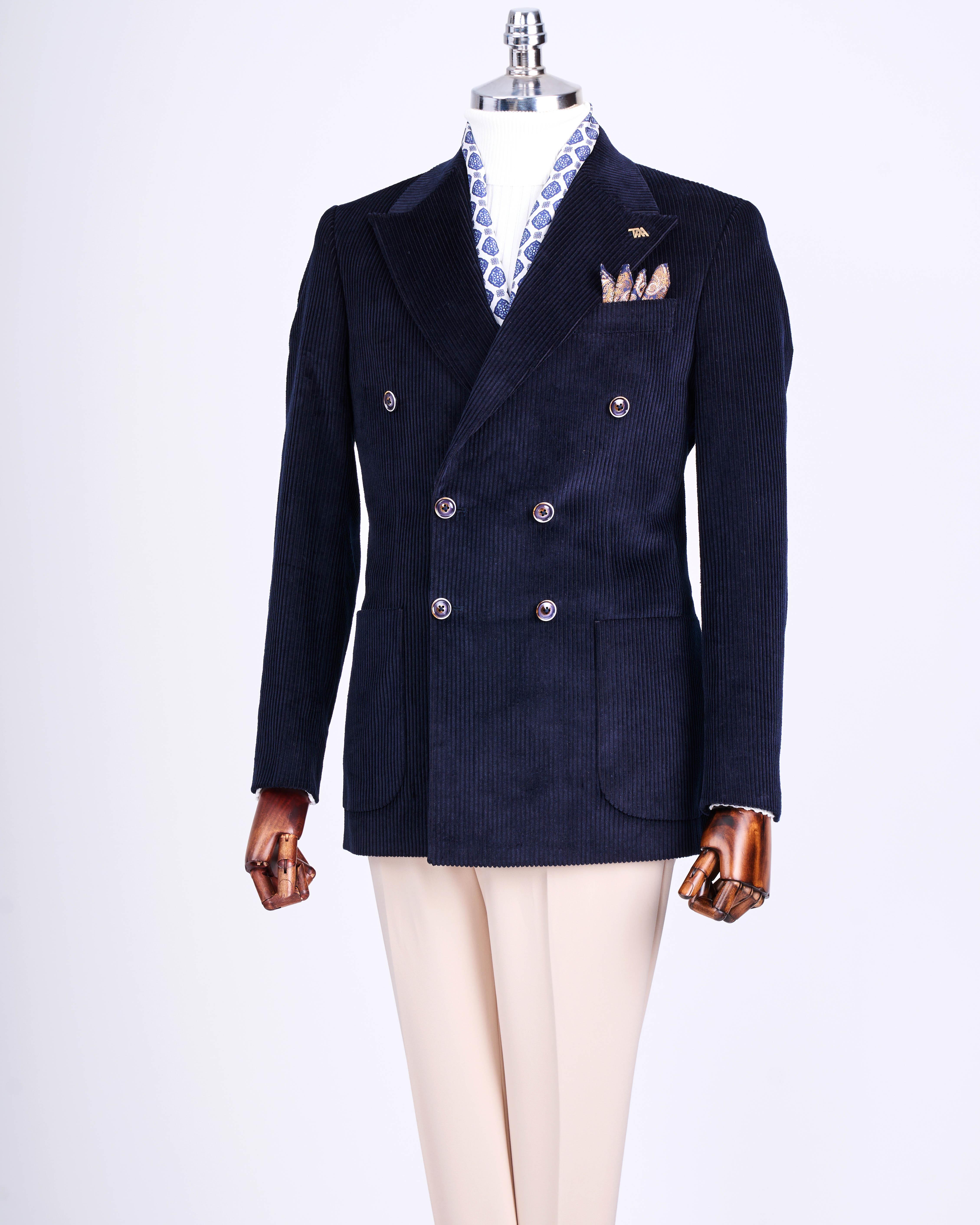 İtalyan stil slim fit kadife kruvaze tek ceket lacivert T13452
