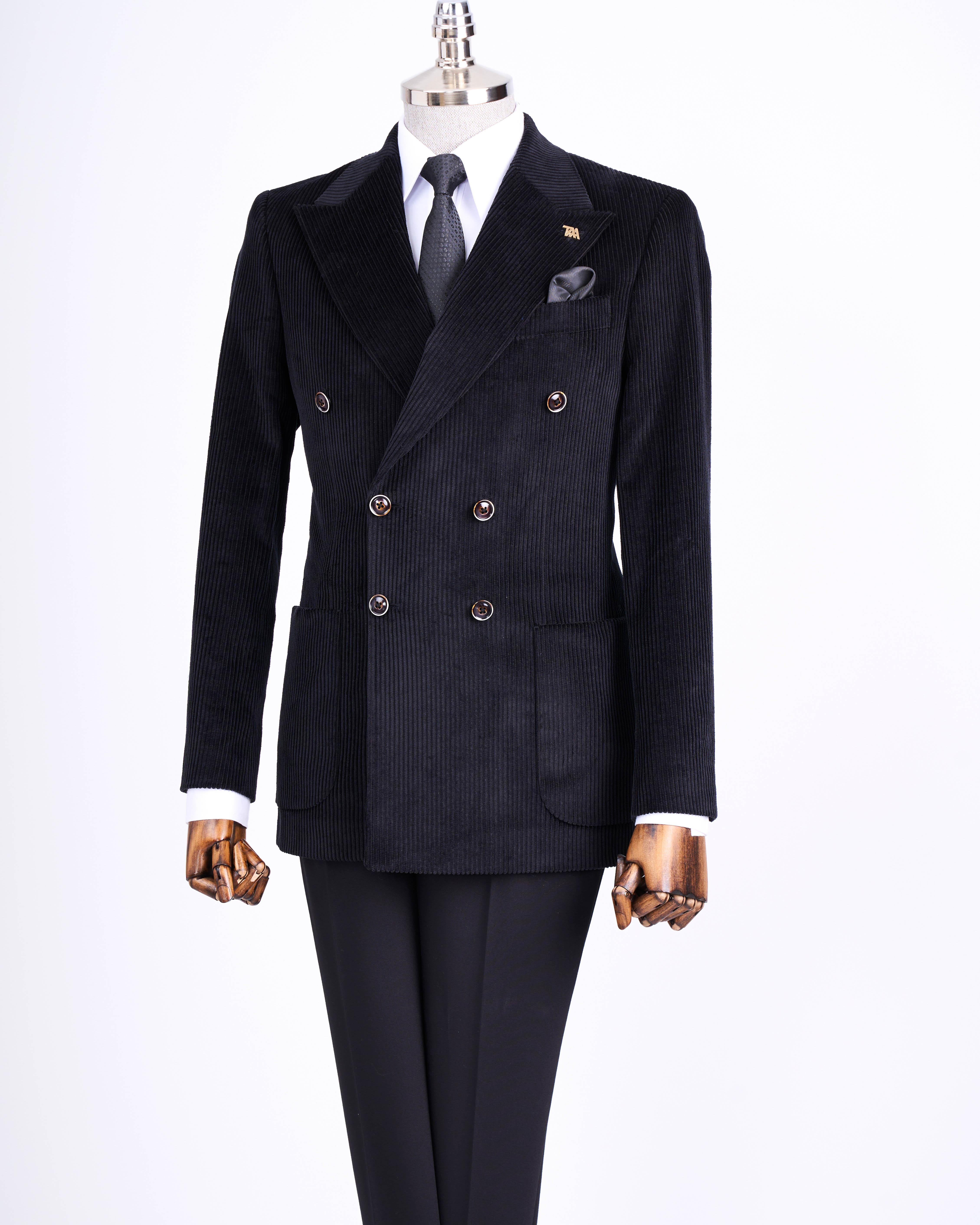 İtalyan stil slim fit kadife kruvaze tek ceket siyah T13451