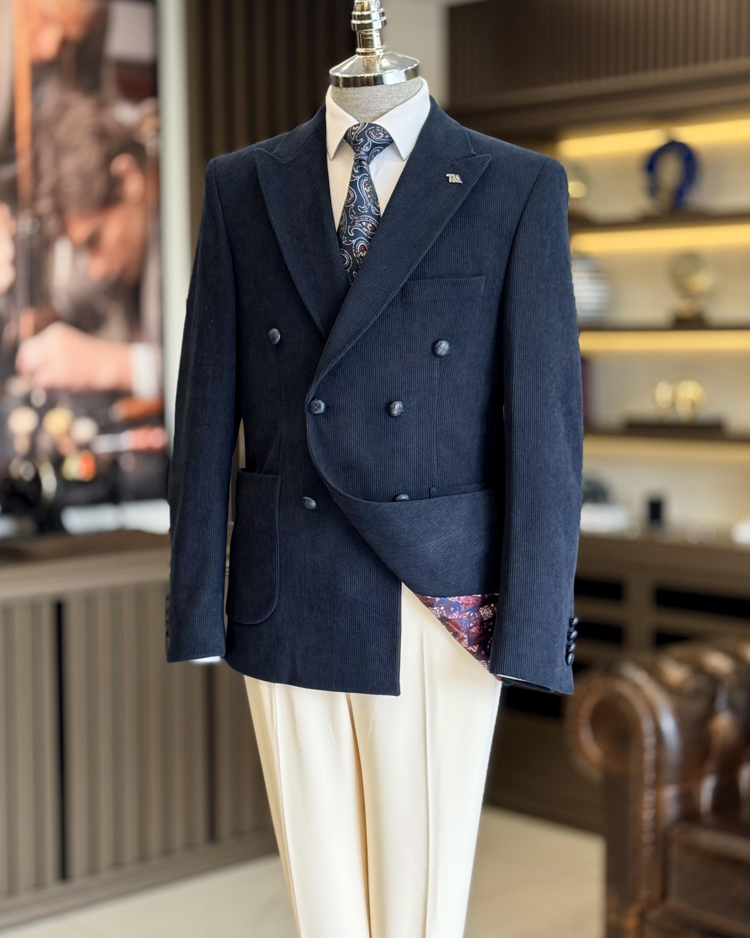 İtalyan stil slim fit kadife kruvaze tek ceket lacivert T13039