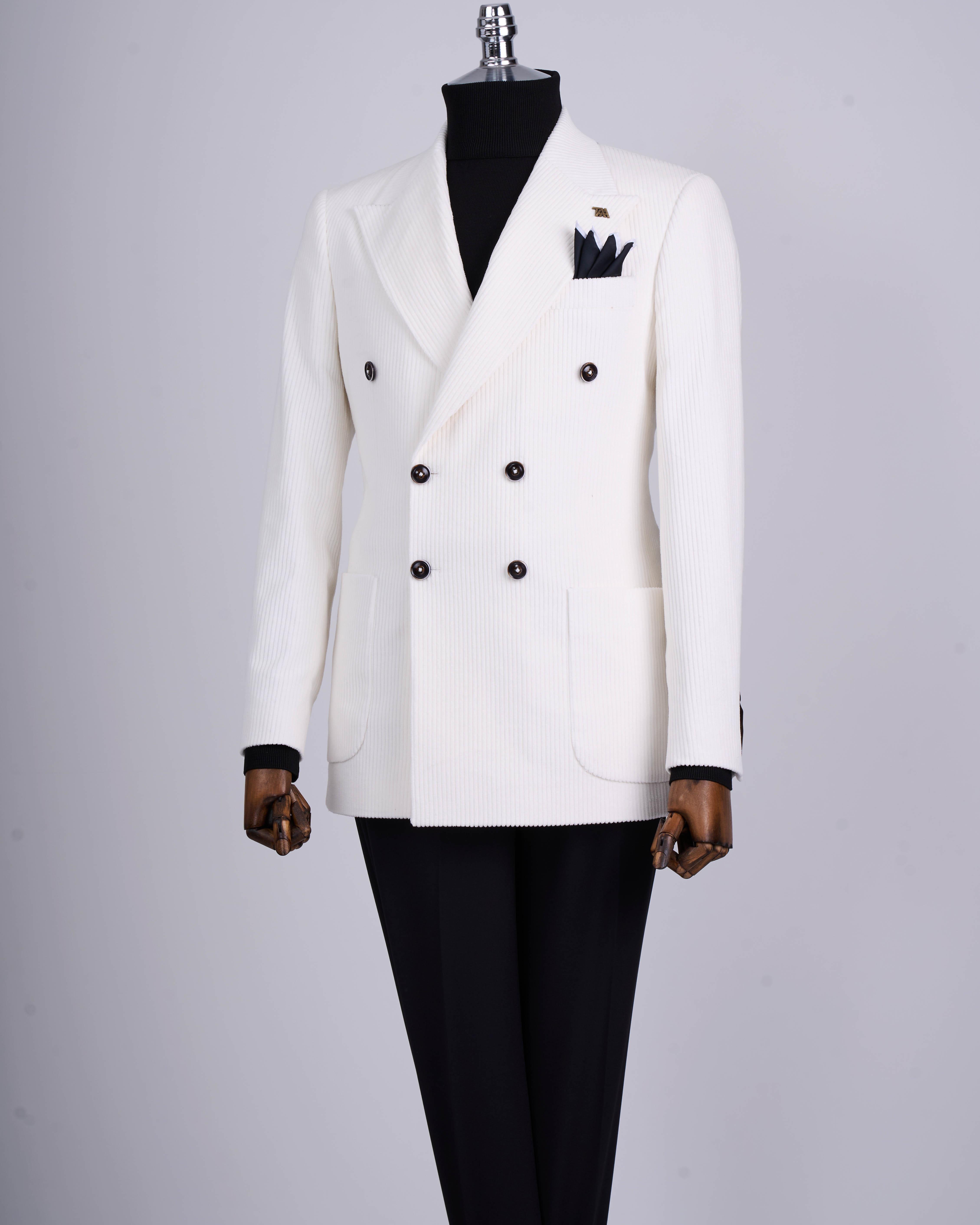 İtalyan stil slim fit kadife kruvaze tek ceket Ekru T13454
