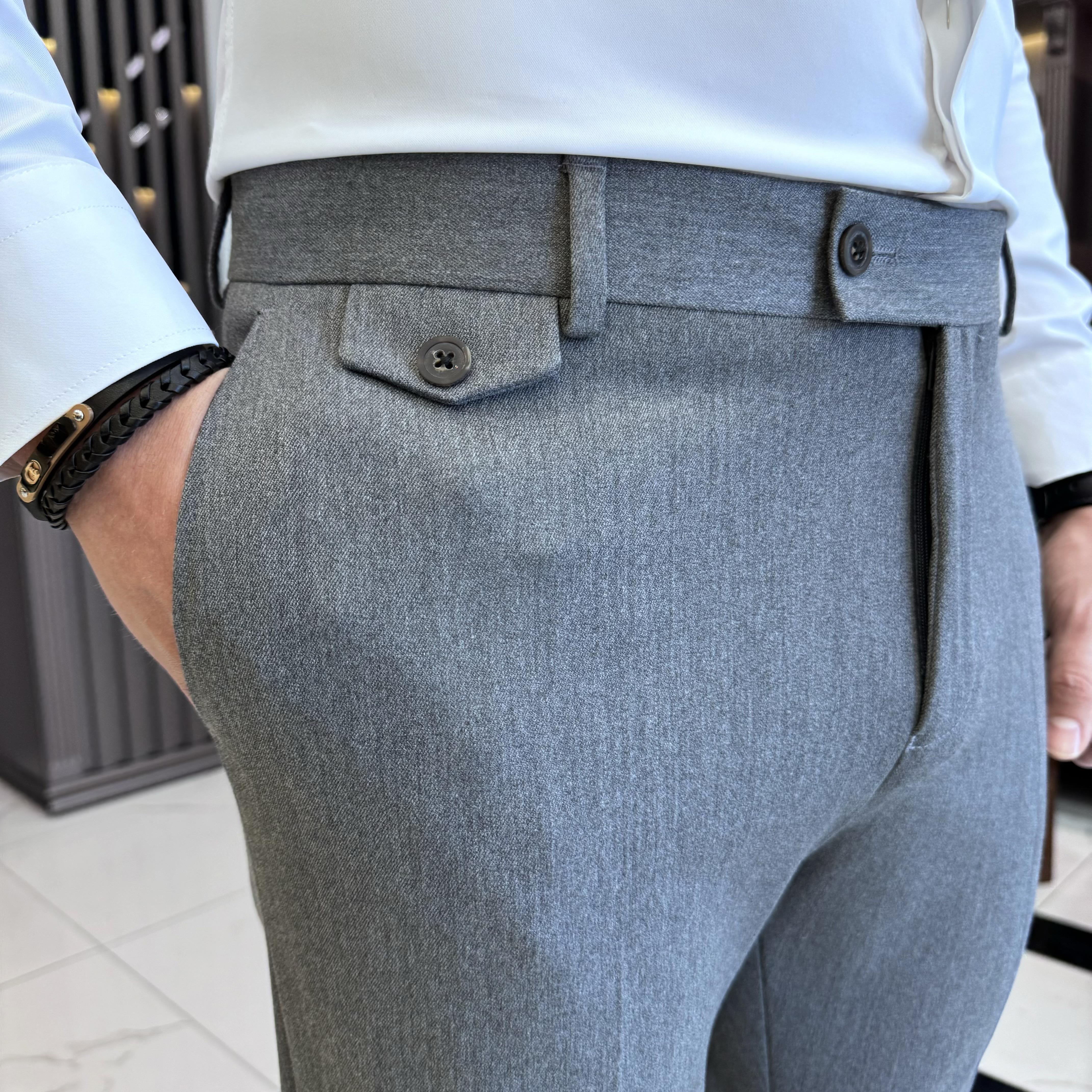 İtalyan stil slim fit kalın kumaş erkek pantolon gri T9900