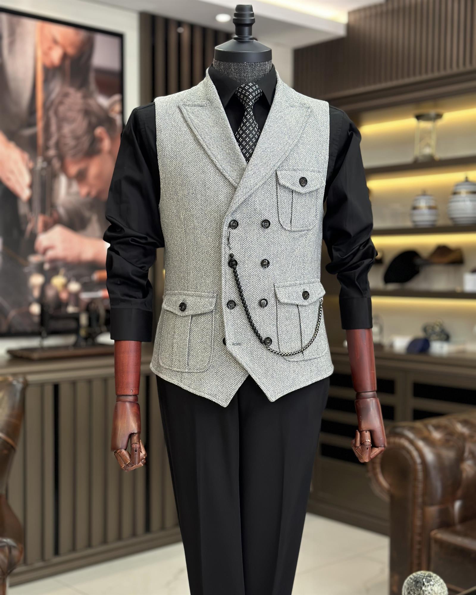 İtalyan stil slim fit kaşe kruvaze cepken yelek Gri T8370