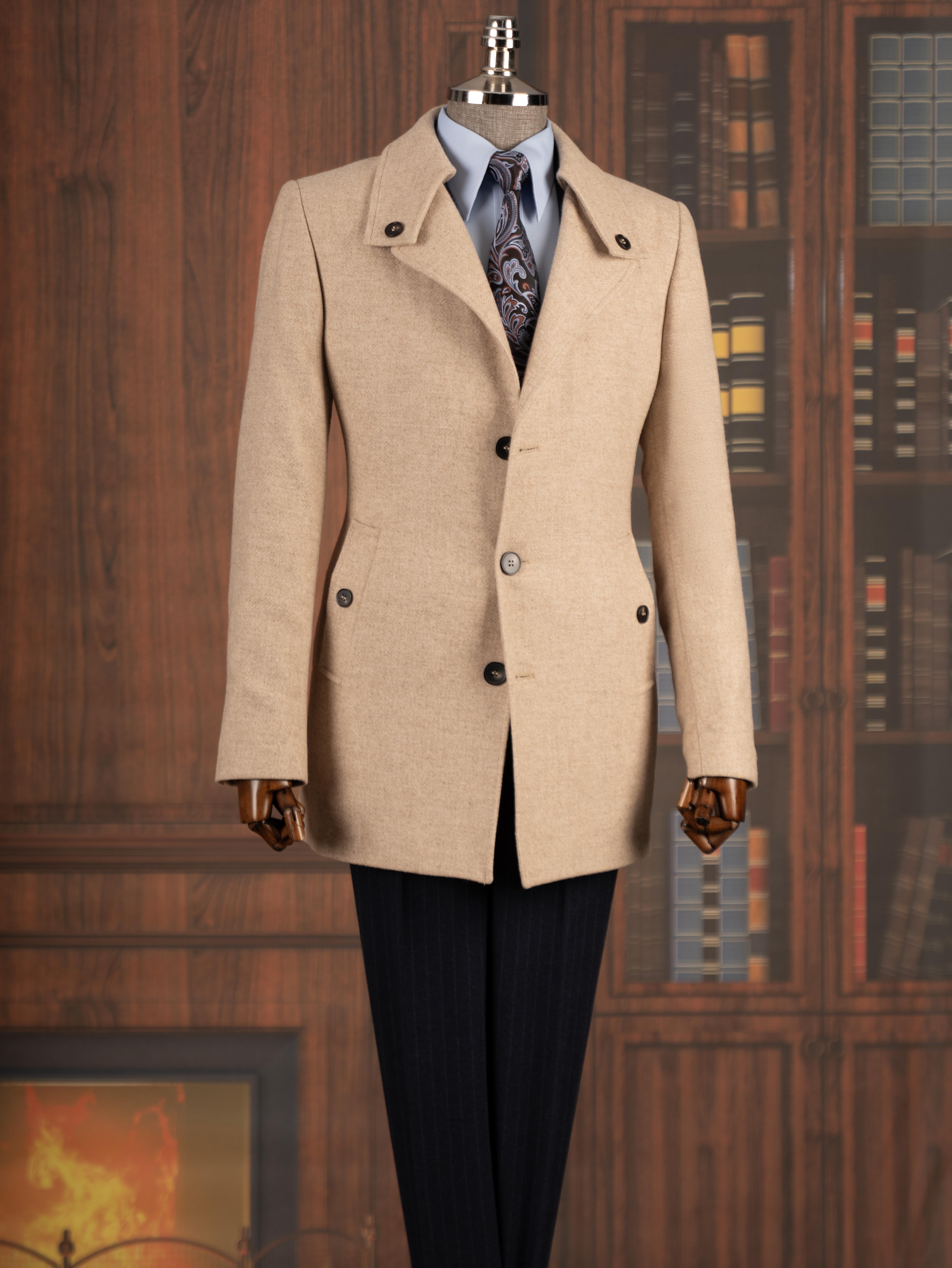 İtalyan stil slim fit kaşe yan cep erkek kaban bej T15055