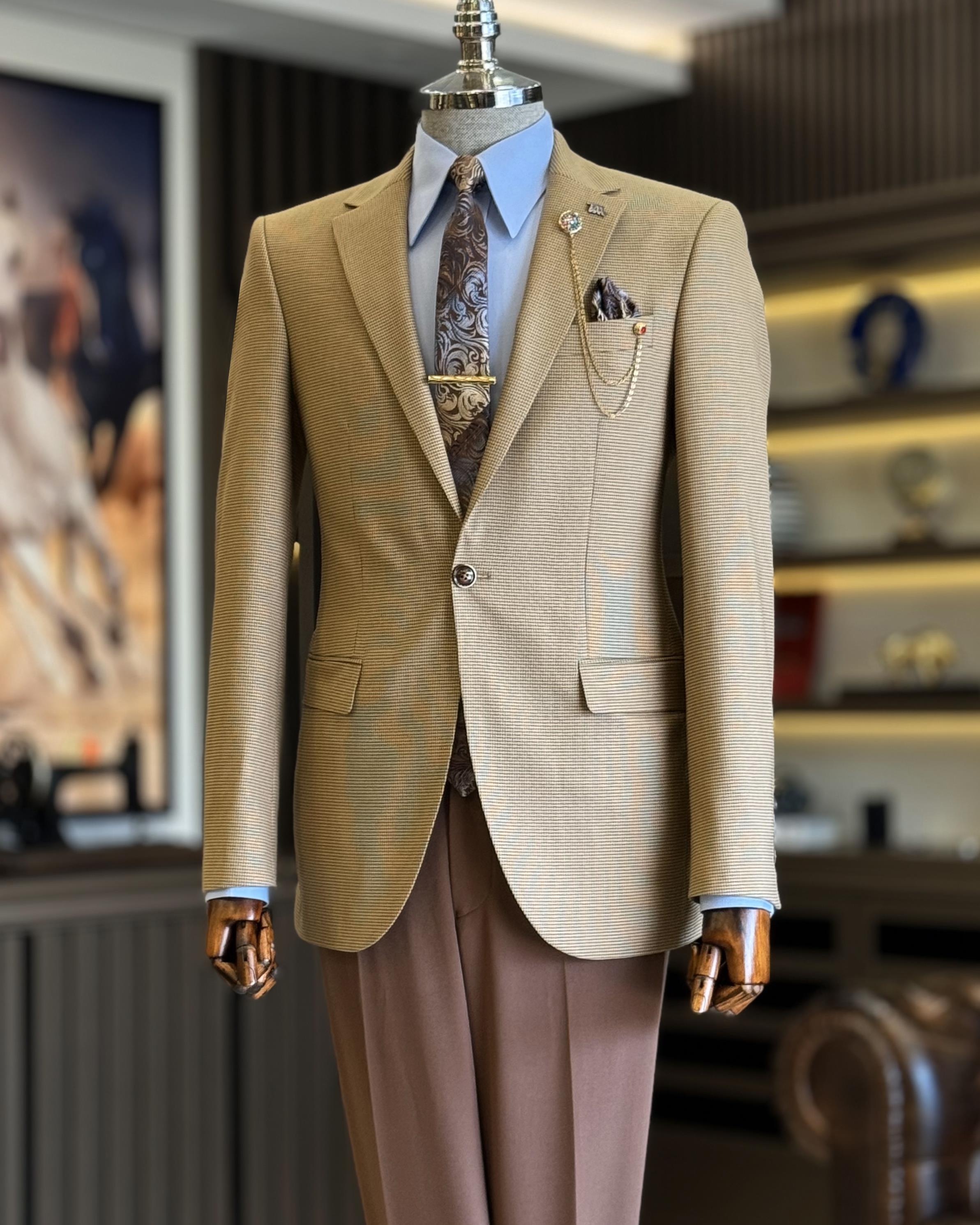 İtalyan stil slim fit kazayağı desen erkek ceket kahverengi T12626