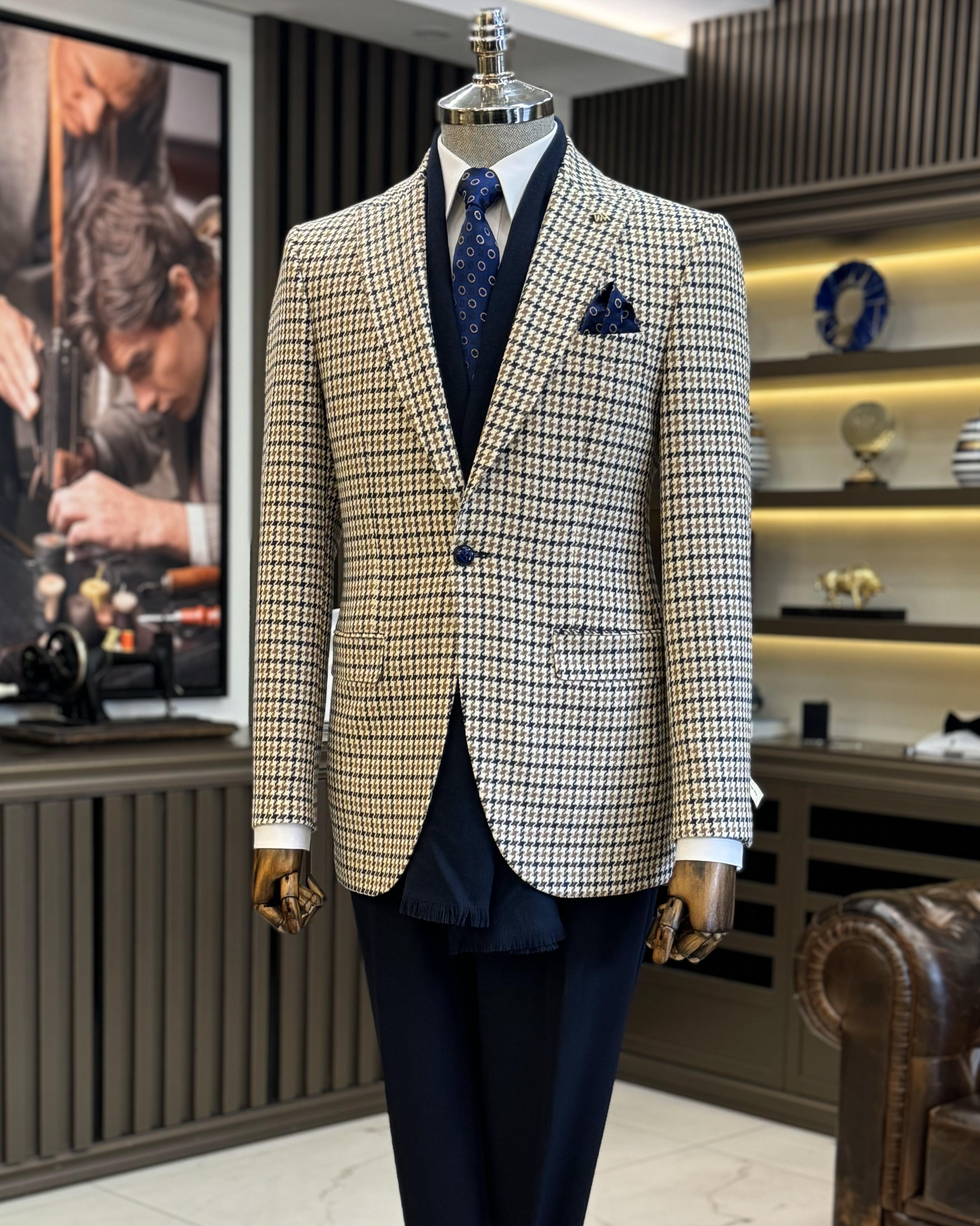 İtalyan stil slim fit kazayağı desen erkek ceket lacivert T13046