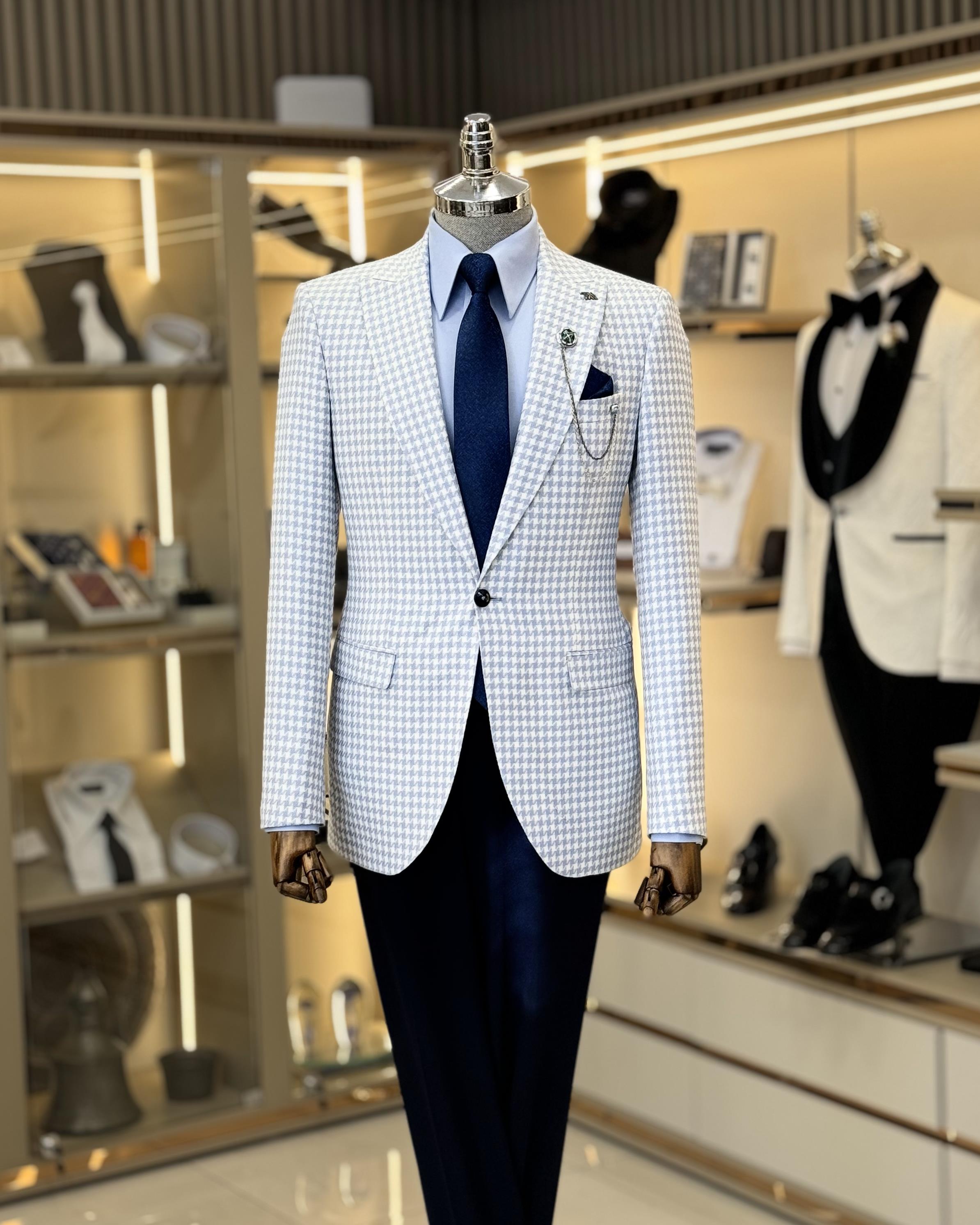 İtalyan stil slim fit kazayağı desen erkek ceket mavi T11504