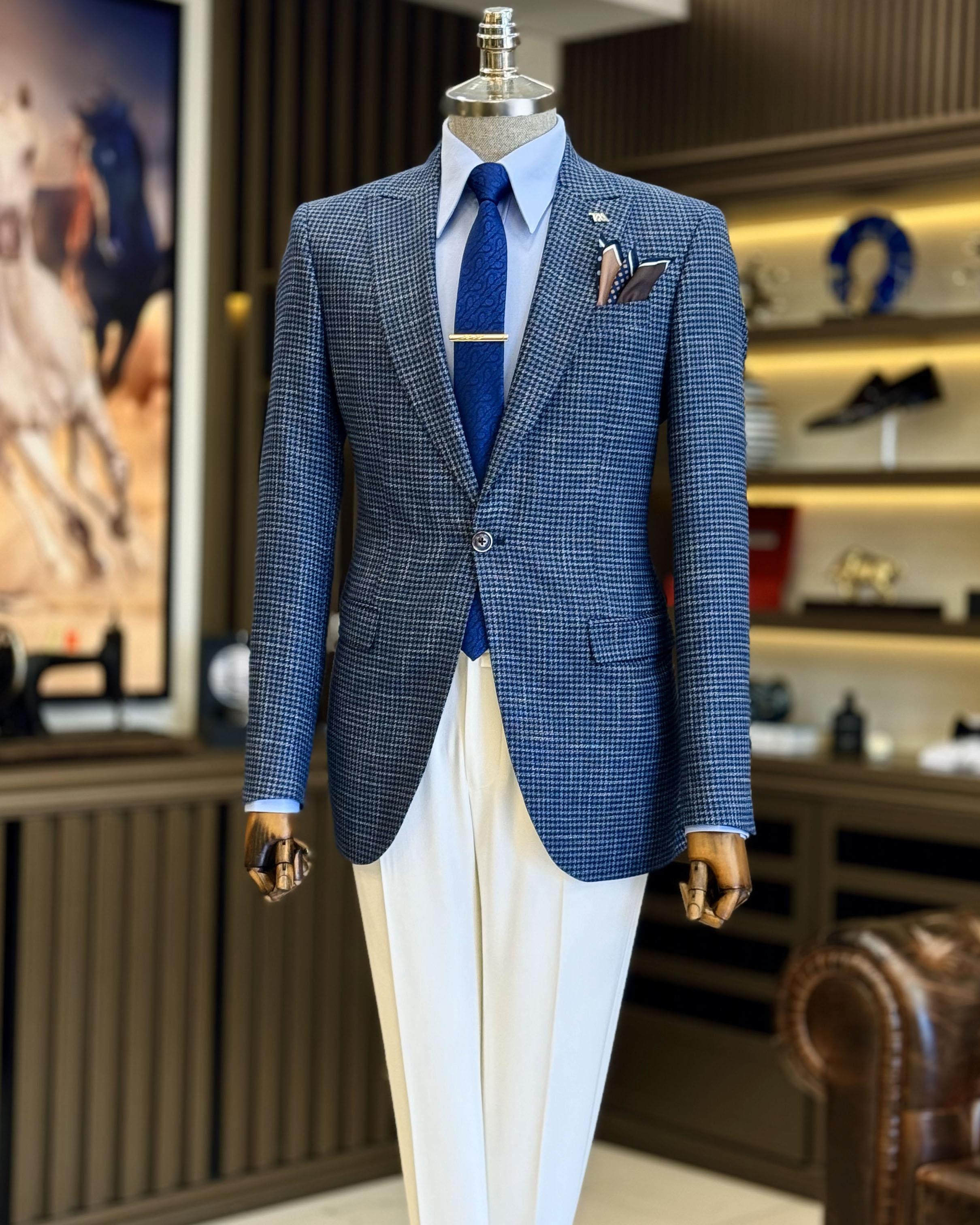 İtalyan stil slim fit kazayağı desen erkek ceket lacivert  T12541