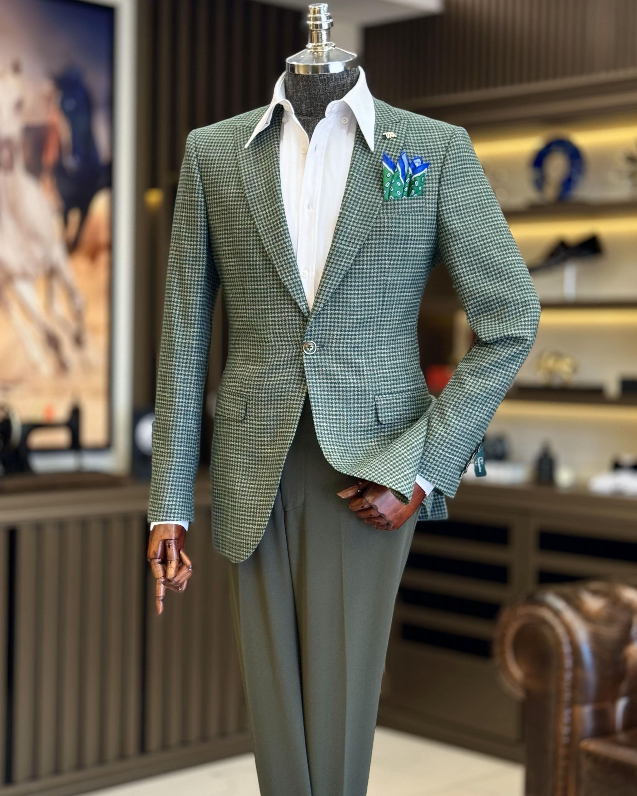İtalyan stil slim fit kazayağı desen erkek ceket yeşil T12539