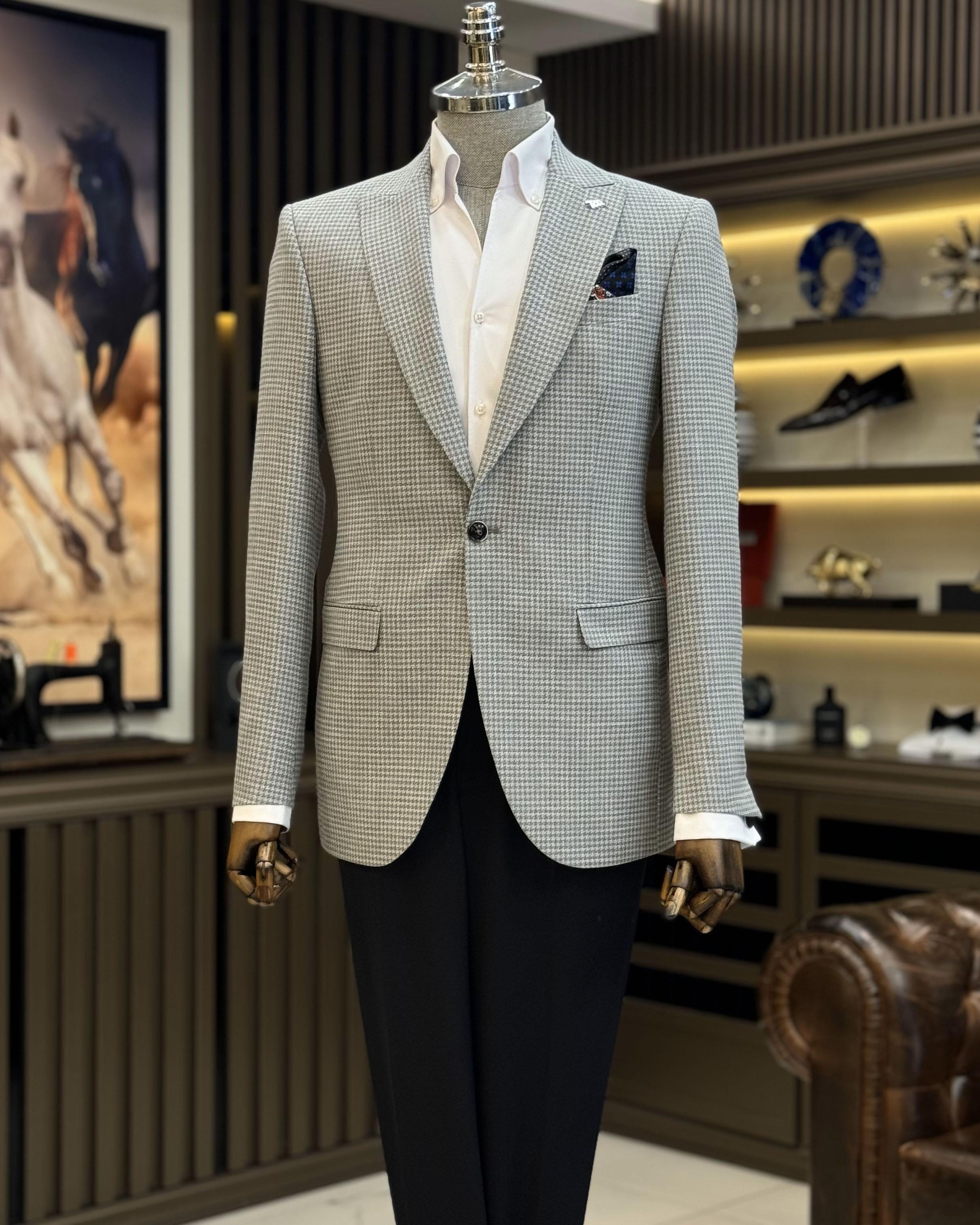 İtalyan stil slim fit kazayağı desen erkek ceket gri  T12543